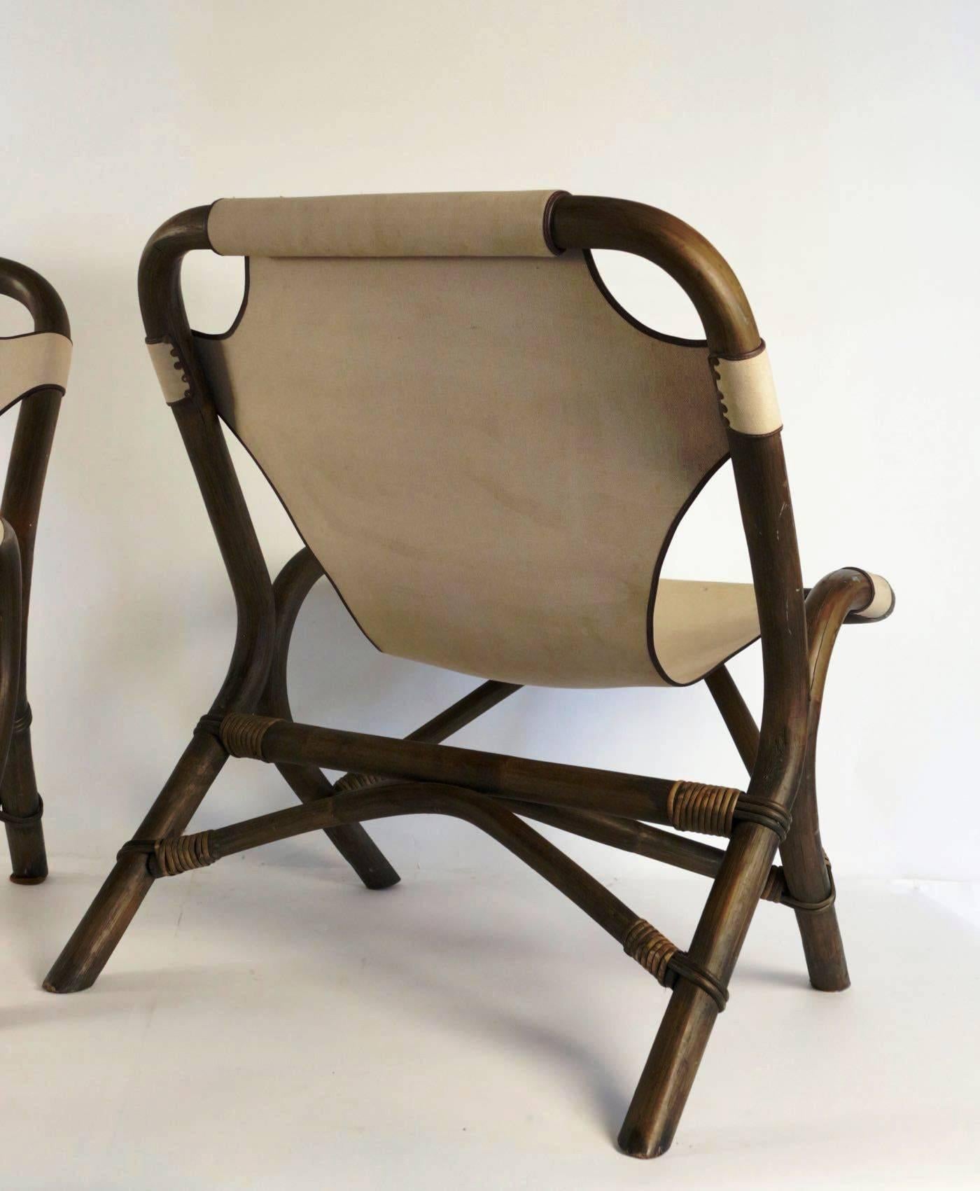 Spectacular Pair of Armchairs by Rohé Noordwolde, Rattan and Beige Linen, 1950s In Fair Condition In Saint-Ouen, FR