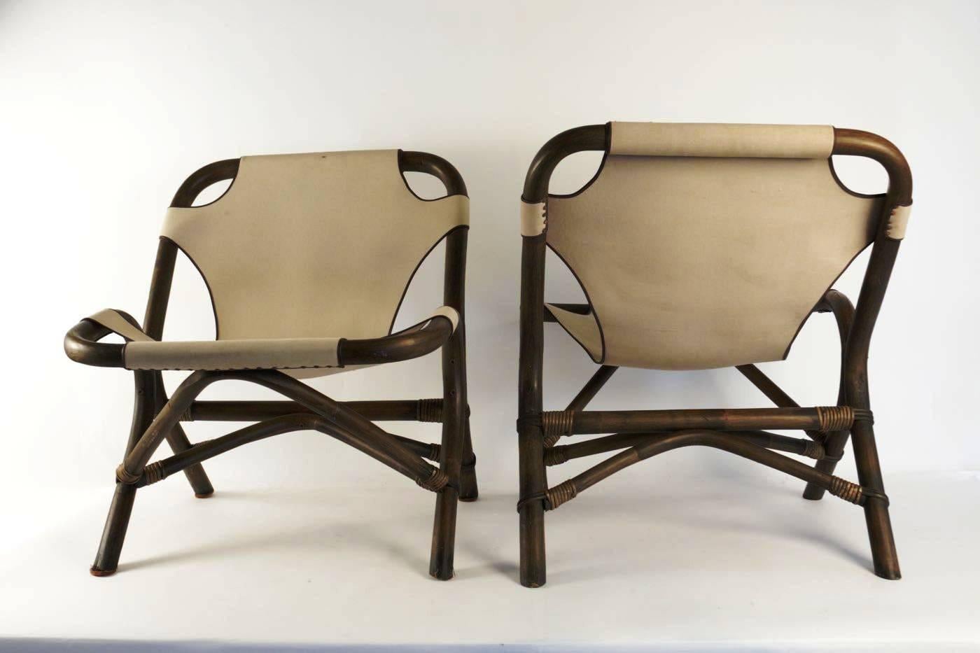 Mid-20th Century Spectacular Pair of Armchairs by Rohé Noordwolde, Rattan and Beige Linen, 1950s