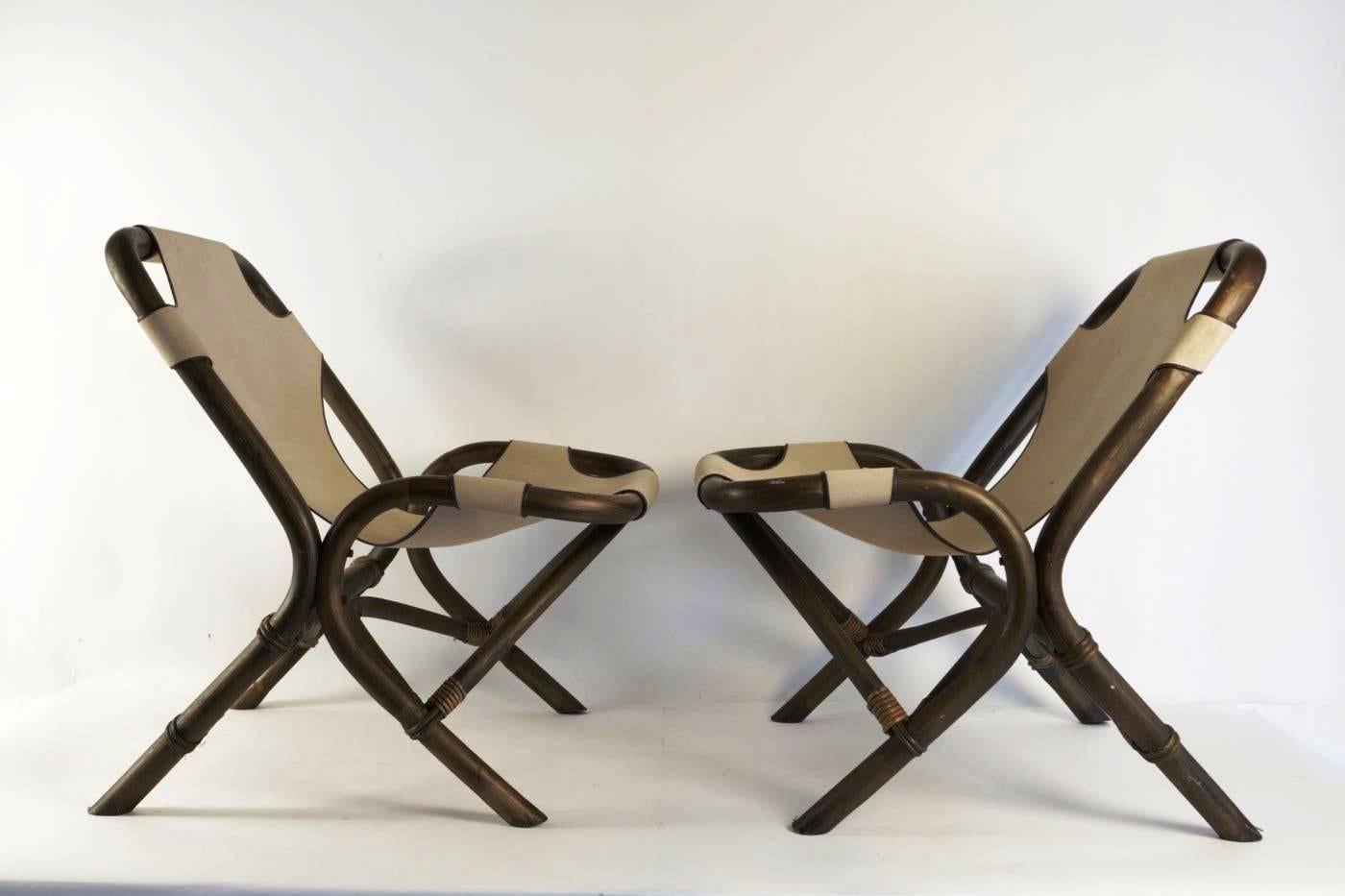Spectacular Pair of Armchairs by Rohé Noordwolde, Rattan and Beige Linen, 1950s 1