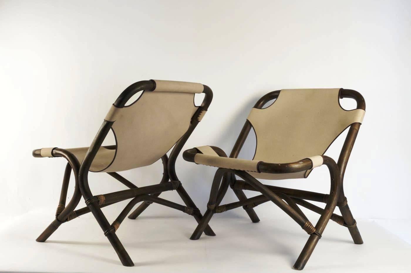 Spectacular Pair of Armchairs by Rohé Noordwolde, Rattan and Beige Linen, 1950s 2