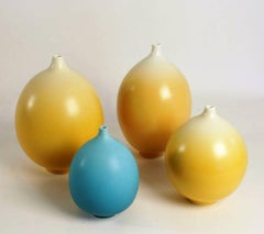 Set of Four Blue and Yellow Porcelain Vases by Marc Uzan, Signed, France