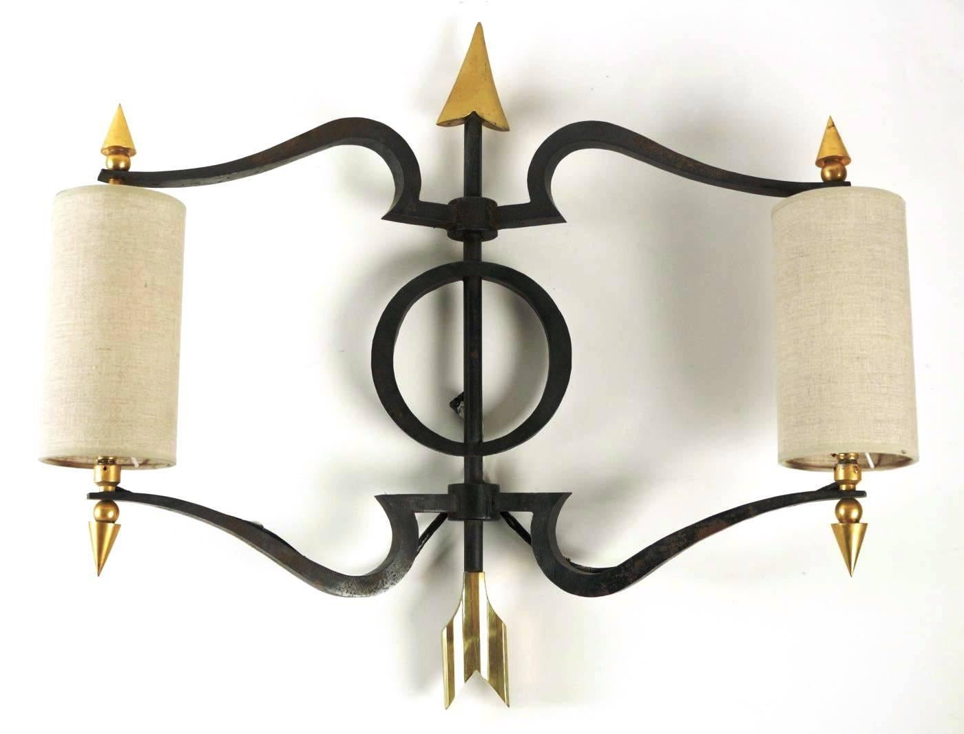 French Spectacular Pair of Bronze Wall Lights by Jacques Tournus, France, 1940s