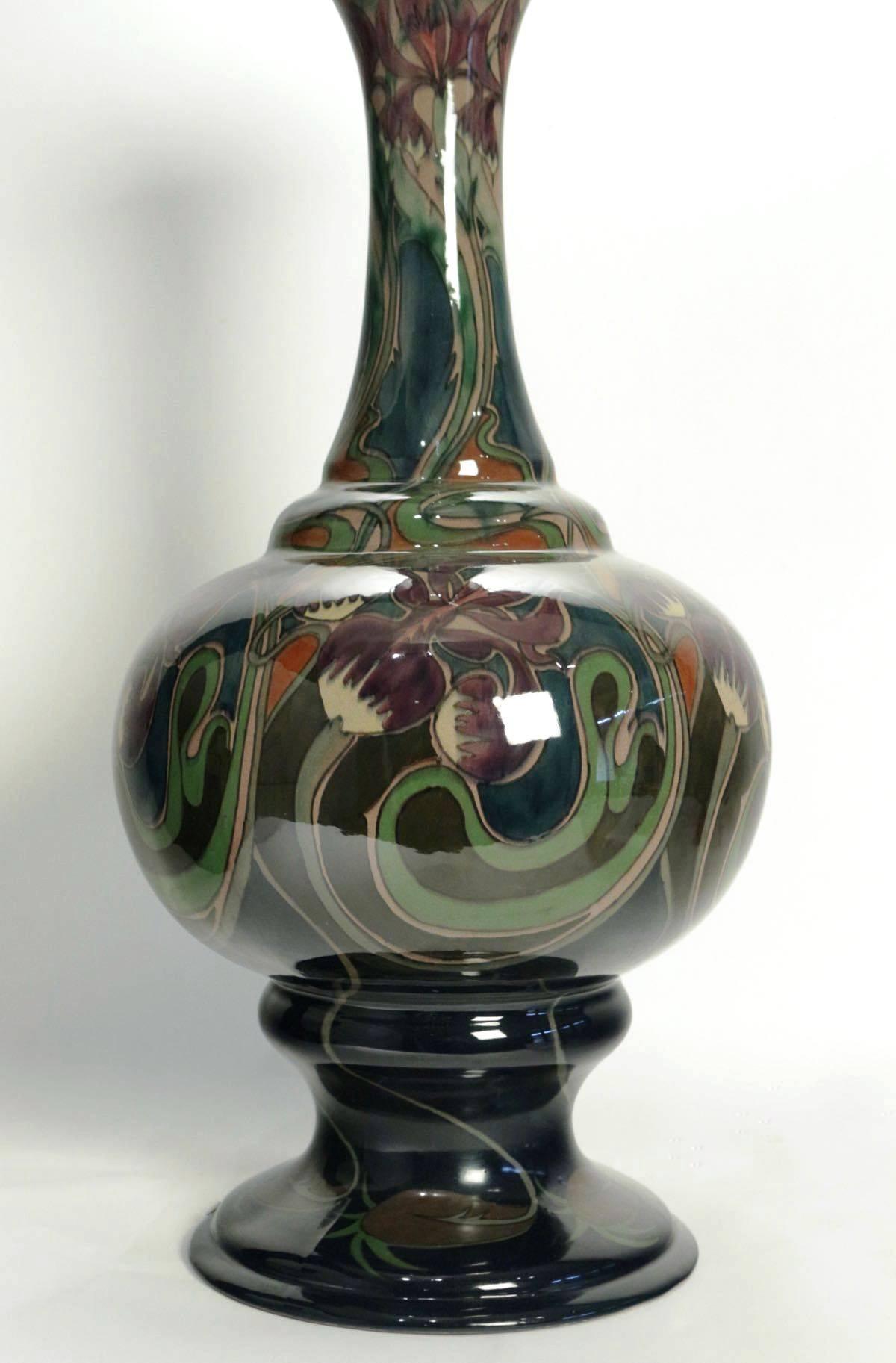 Fabulous and Rare Large Art Nouveau Vase, Tulips and Iris, by Adrianus De Jong In Excellent Condition For Sale In Saint-Ouen, FR