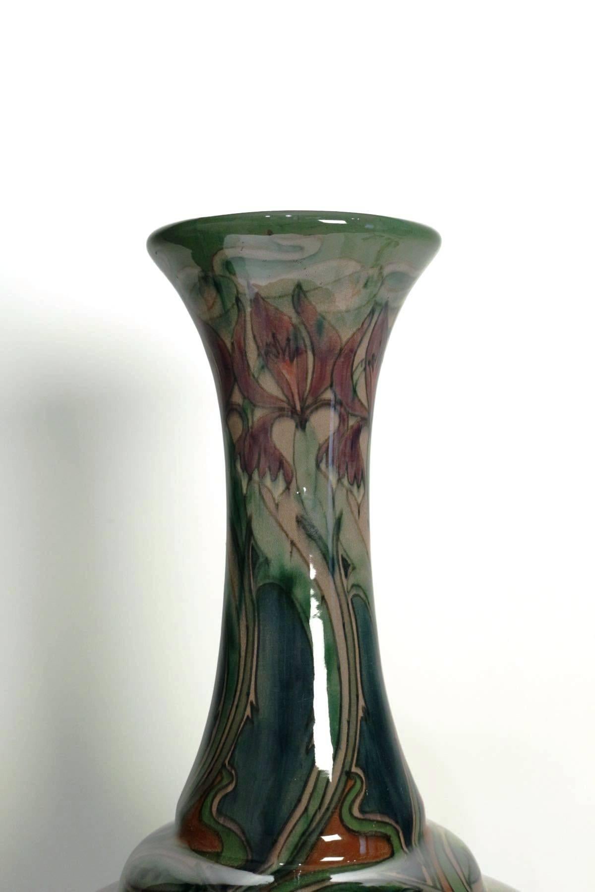 Late 19th Century Fabulous and Rare Large Art Nouveau Vase, Tulips and Iris, by Adrianus De Jong For Sale