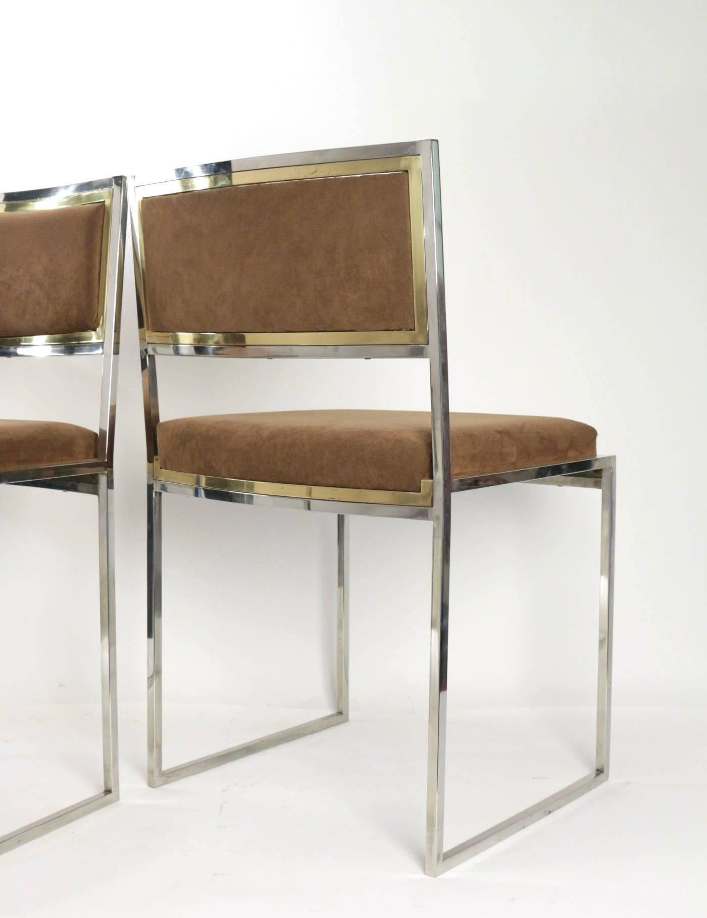 Beautiful Set of Four Chrome and Gilded Brass Chairs by Willy Rizzo, France 3
