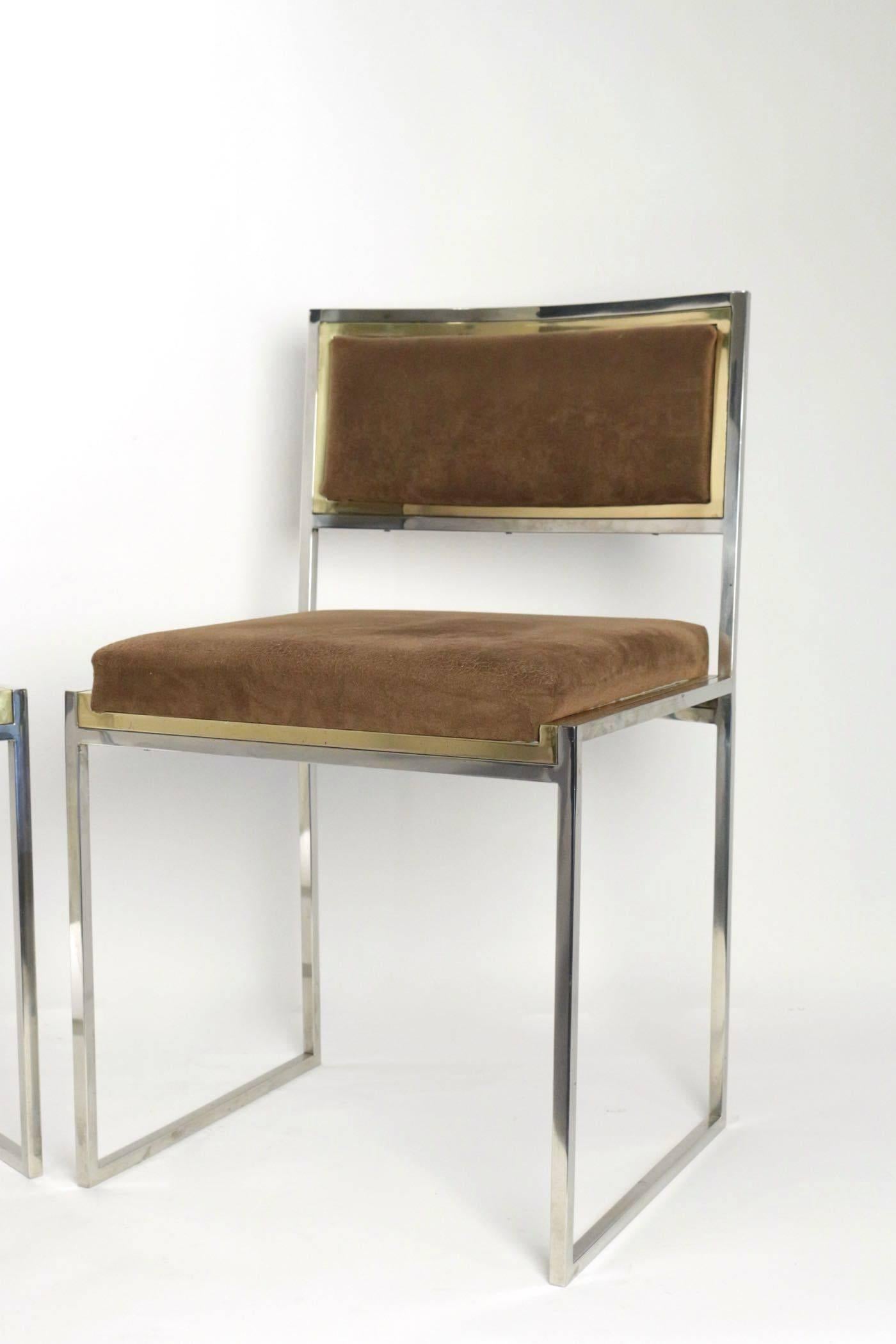 Beautiful set of four chrome and gilded brass chairs by Willy Rizzo, France, 1970s
Upholstered in light brown alcantara
Beautiful condition.