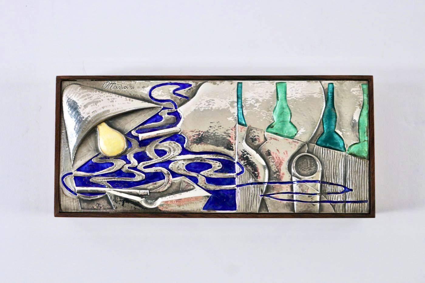 Sublime wood jewelry box by Ottaviani, sterling silver 925 and enamel top, Italy, 1960s
One of a kind piece
Ottaviani was a well-known italian workshop that did marvellous work in enamel and silver. Started in 1945 in the small seaside town of