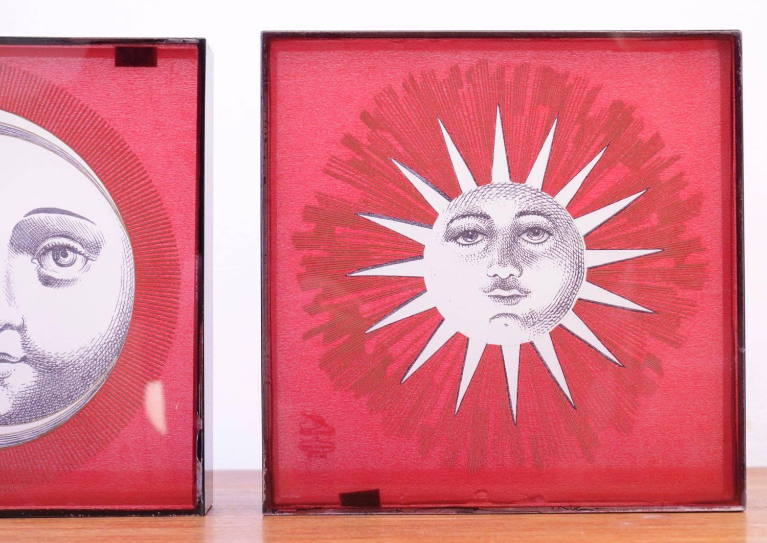 Rare pair of decorative Altuglas Fornasetti decorative elements edited by La Compania del Tabacco in the late 1970s.
From the series Sole e Lune,
One representing the moon, and the other the sun.