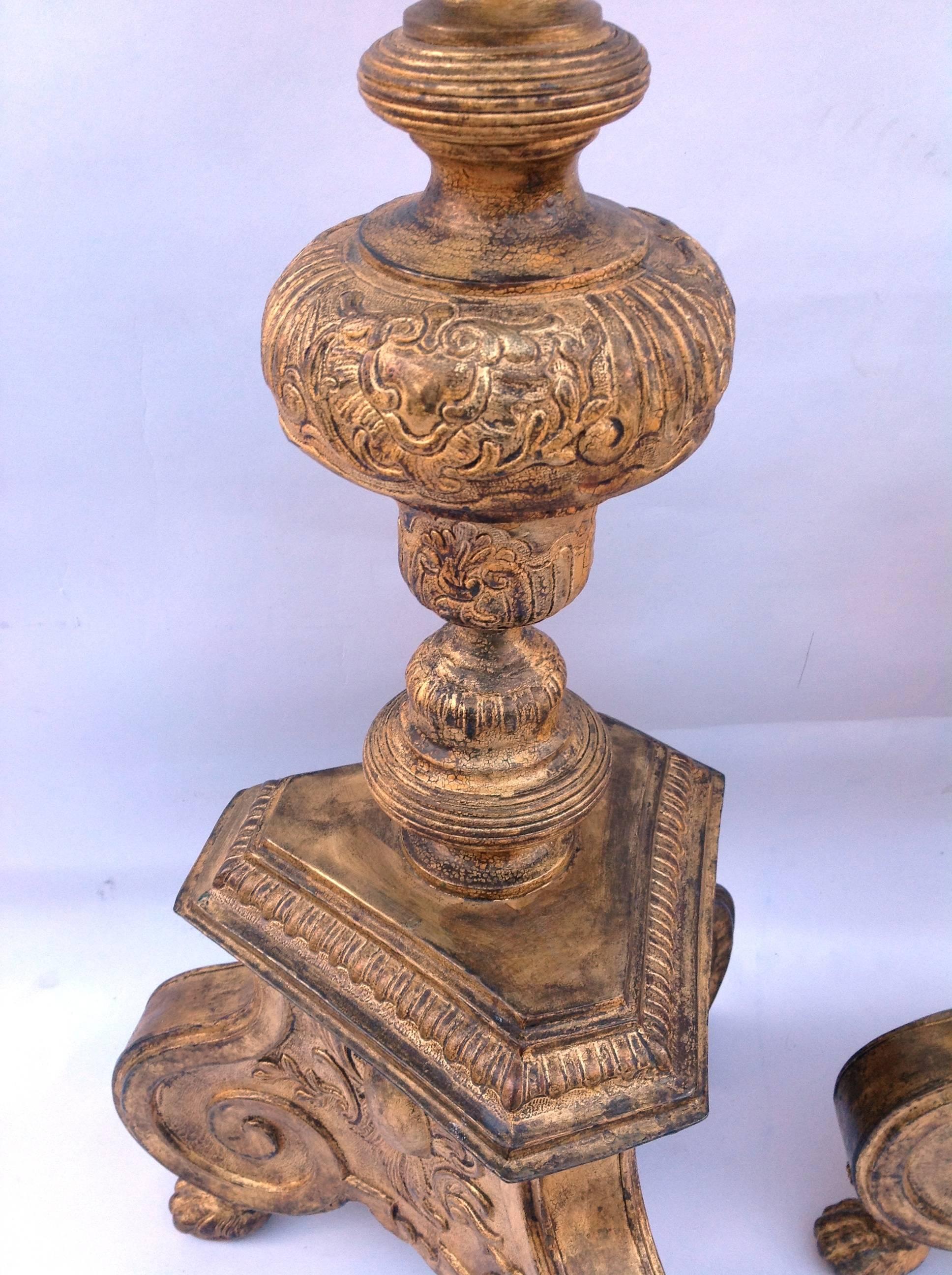 Pair of Large Candleholders, Embossed and Gilded Metal, Italy, 19th Century In Excellent Condition In Saint-Ouen, FR