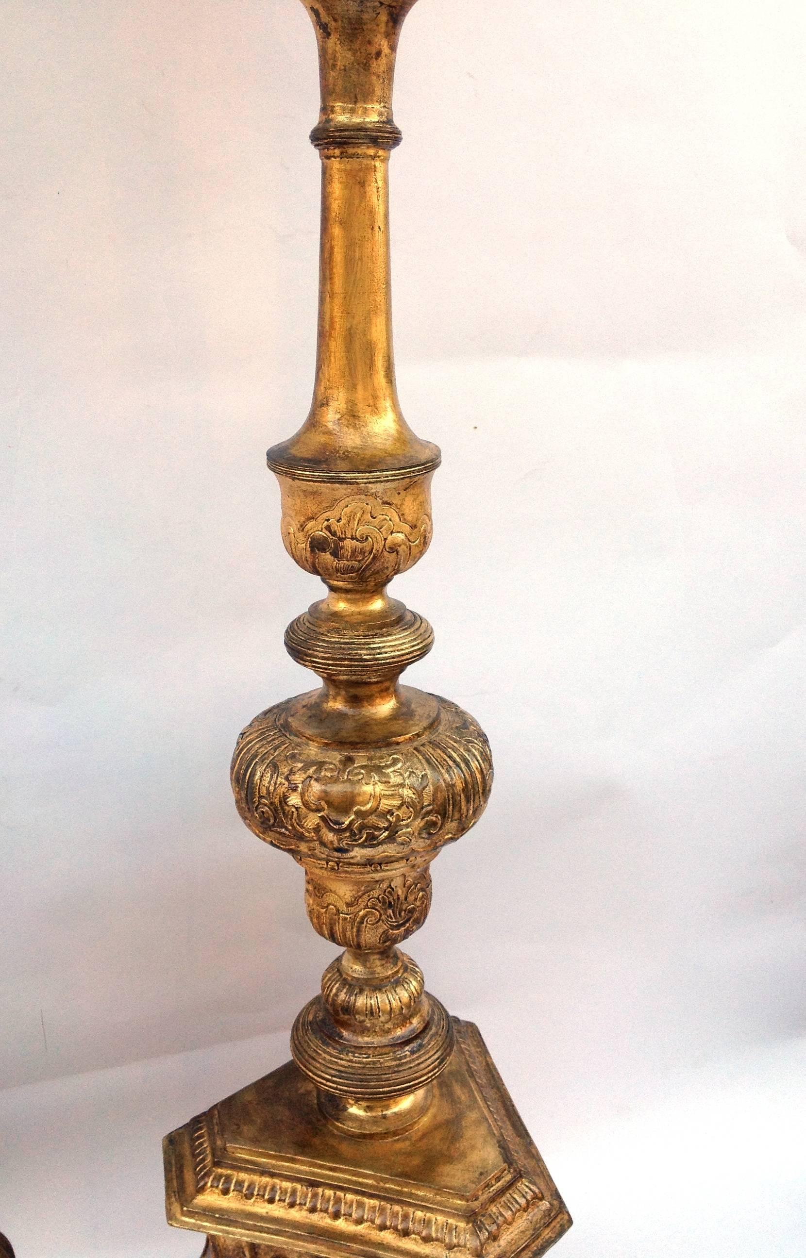 Italian Pair of Large Candleholders, Embossed and Gilded Metal, Italy, 19th Century