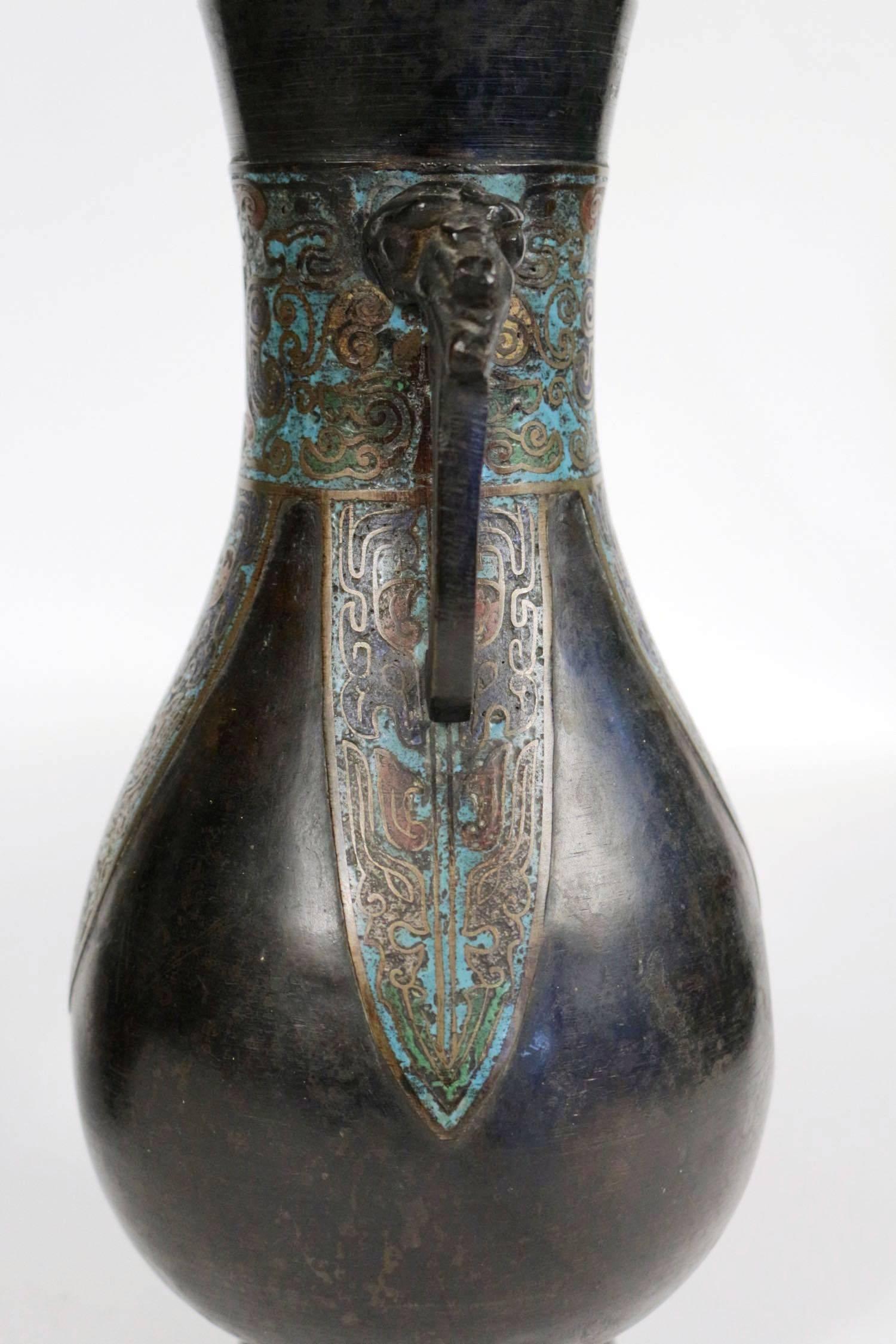 Japanese Pair of Bronze and Cloisonné Vases, Japan Champlevé, 19th Century For Sale