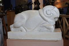 Exceptional Pair of Sandstone Art Deco Statues of Rams by G. E. Le Bourgeois