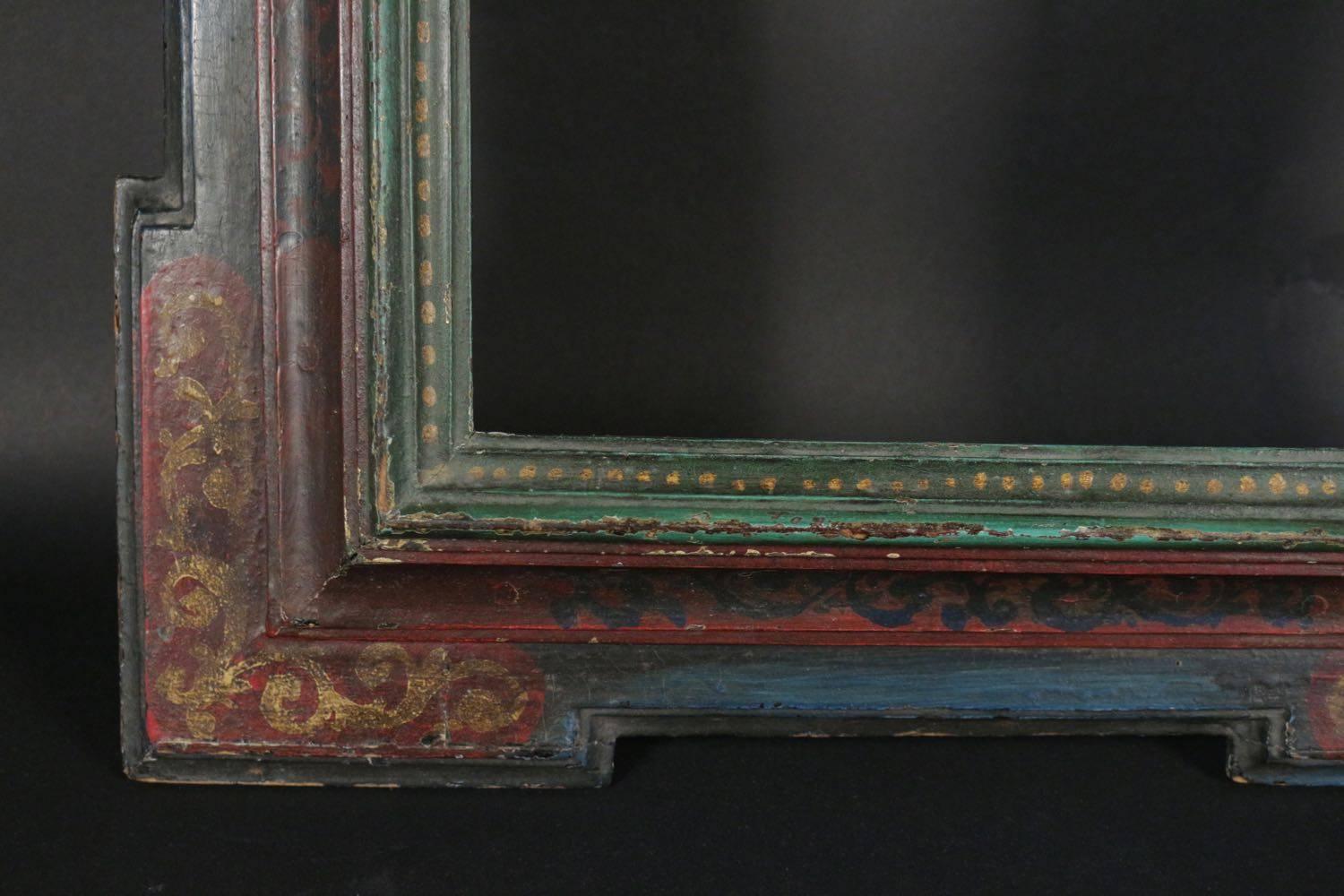 Beautiful Spanish Renaissance frame mounted as mirror, 16th-17th century.
Reverse profile with decorative scrolls in corners.
Measures: Sight size: 34 cm x 25 cm.
Overall size: 54 cm x 45 cm.