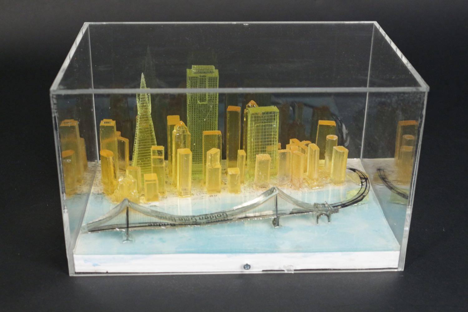 Translucid resin sculpture by Greek artist G. Lagos.
Part of the Cityscapes serie,
 San Francisco, 2014
Molded resin.
Altuglass box.

Can hang on a wall.