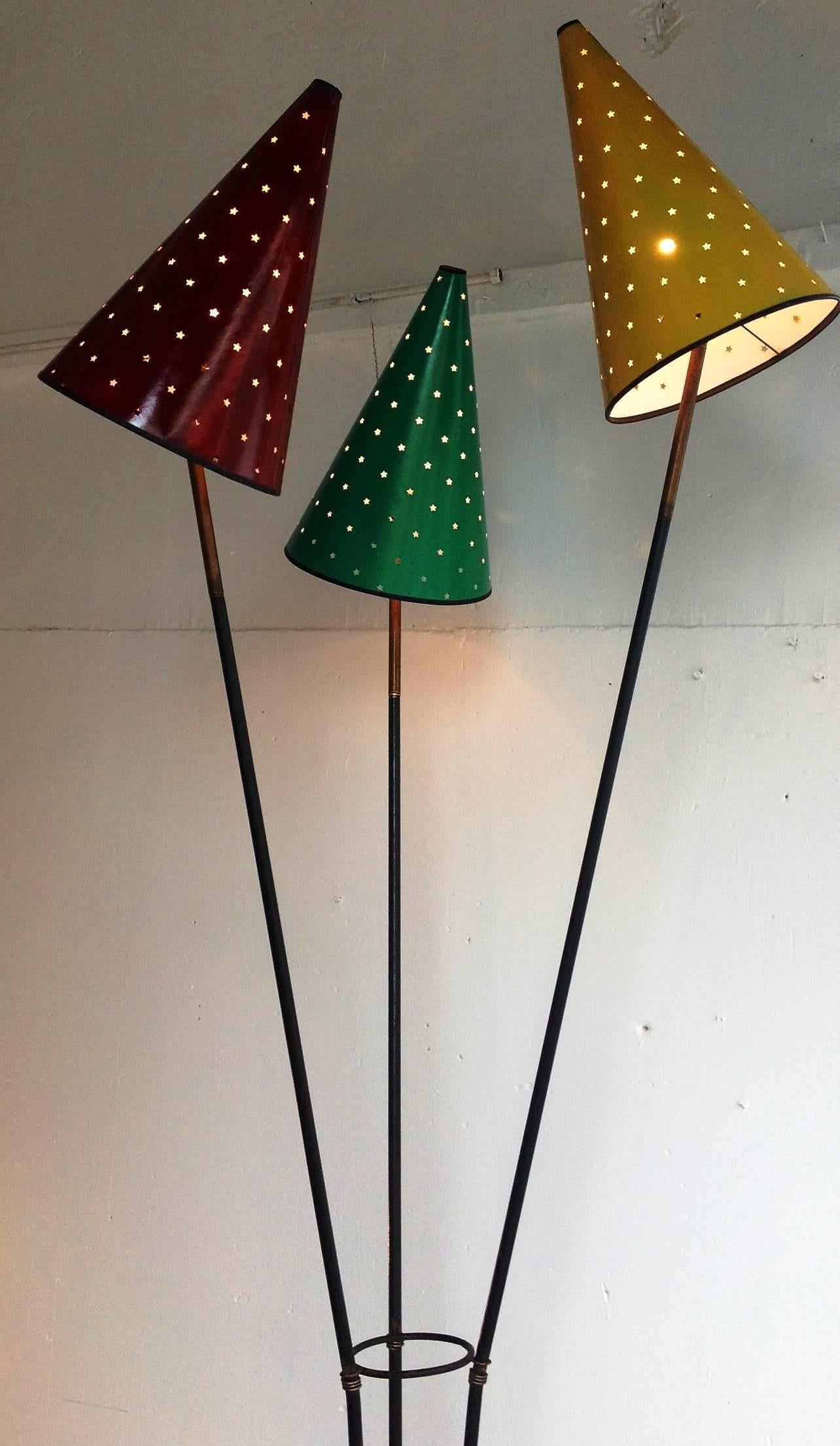 Rare Floor Lamp with Three Lights in the Style of Jean Royère, 1950s In Good Condition In Saint-Ouen, FR