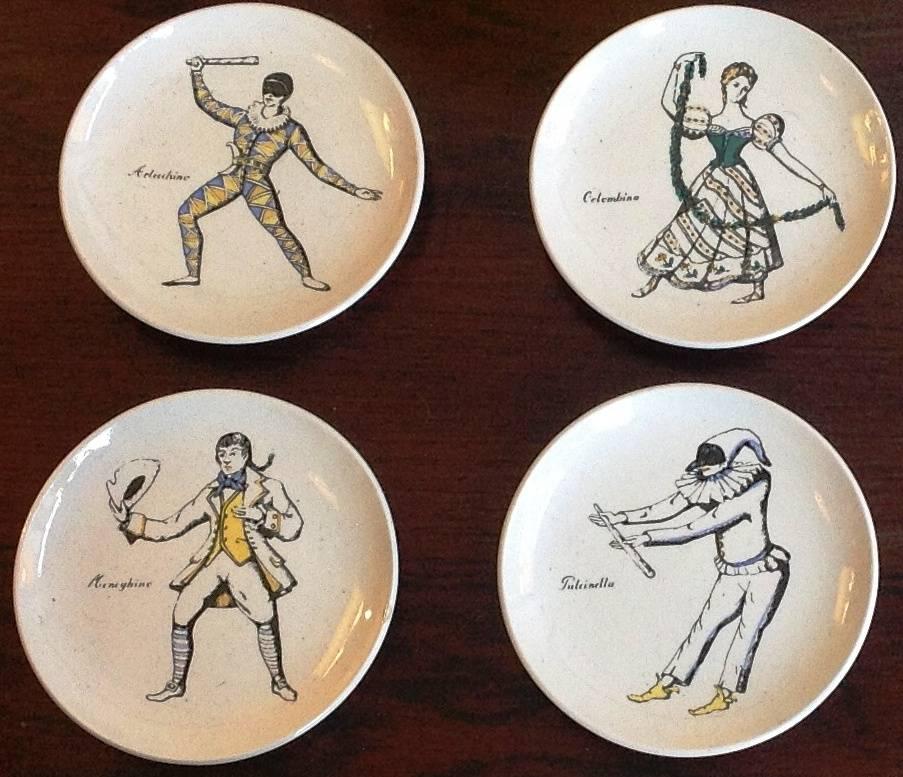 Hand-Painted Fornasetti Rare and Complete Set of Eight 'Maschere Italiane' Coasters, 1960s