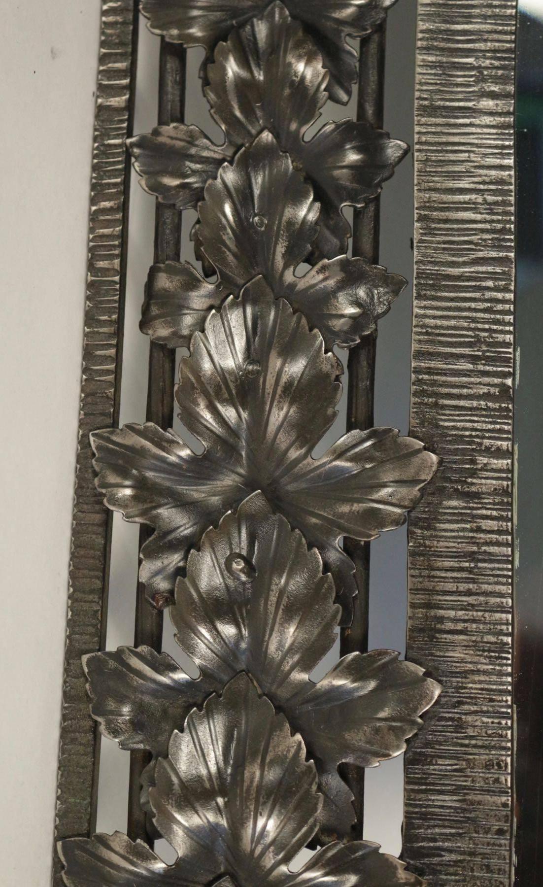 Art Deco Nice Hammered Wrought Iron Mirror with Oak Leaves Ornaments, 1925