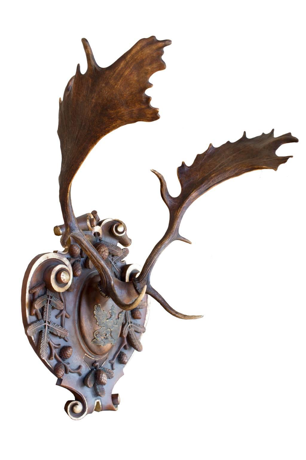 19th century fallow deer from Emperor Franz Josef's castle at Eckartsau in the Southern Austrian Alps, a favorite hunting schloss of the Habsburg Royal family. This historic hunting trophy features a replacement hand-carved linden wood plaque with