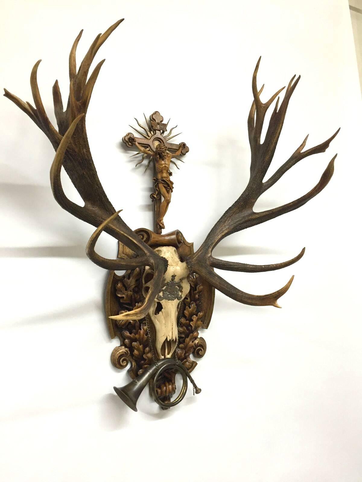 Truly an exceptional piece in the collection, this magnificent 19th century St. Hubertus red stag hunt trophy originated from the Eckartsau castle of Emperor Franz Joseph in the Southern Austrian Alps. Eckartsau was a favorite hunting schloss of the