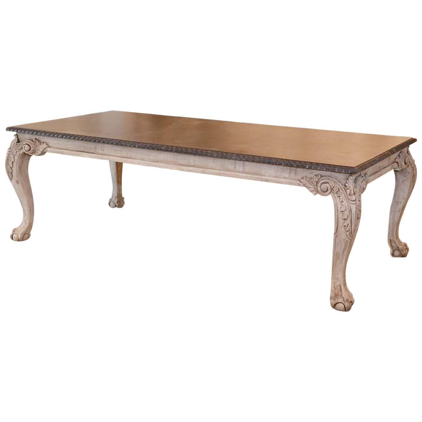 Oversized Chippendale Dining Table with Faux Marble Top and Distressed Finish