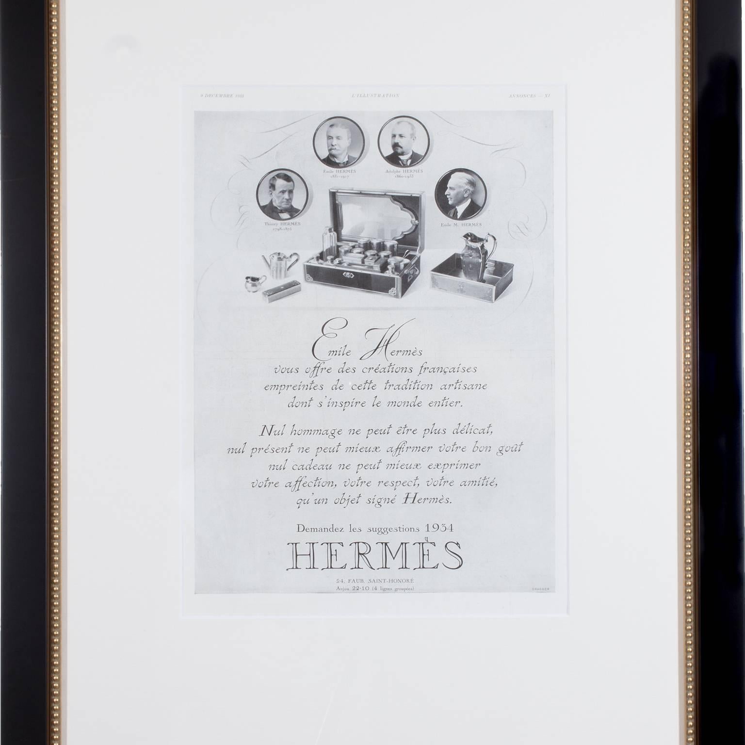 Discovered during our time perusing the Parisian Puces markets, this is an original vintage French advertisement from the 1930's. Framed in a subtle black frame with delicate gold beading. The Hermes brand is the epitome of iconic French