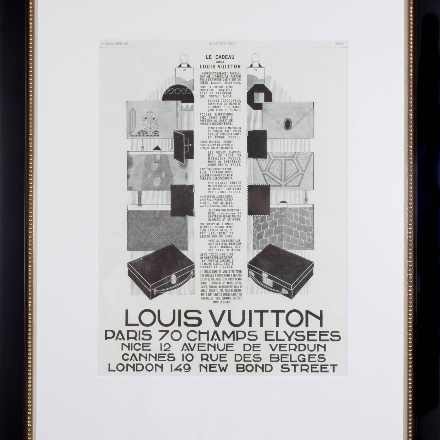 Discovered during our time perusing the Parisian puces markets, this is an original vintage French advertisement from the 1930's.  Framed in a subtle black frame with delicate gold beading at edge of glass.  The Louis Vuitton brand is the epitome of