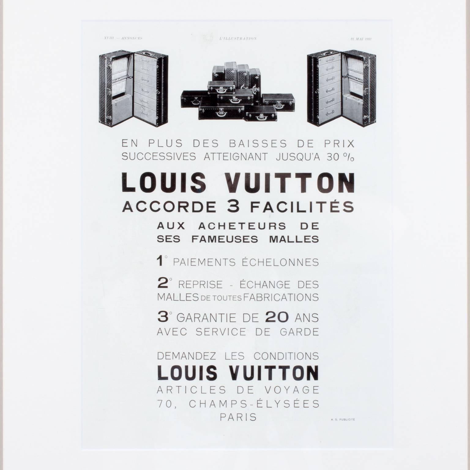 Discovered during our time perusing the Parisian puces markets, this is an original vintage French advertisement from the 1930's. Framed in a subtle Italian gilt frame.  The Louis Vuitton brand is the epitome of French luxury.

New framing.