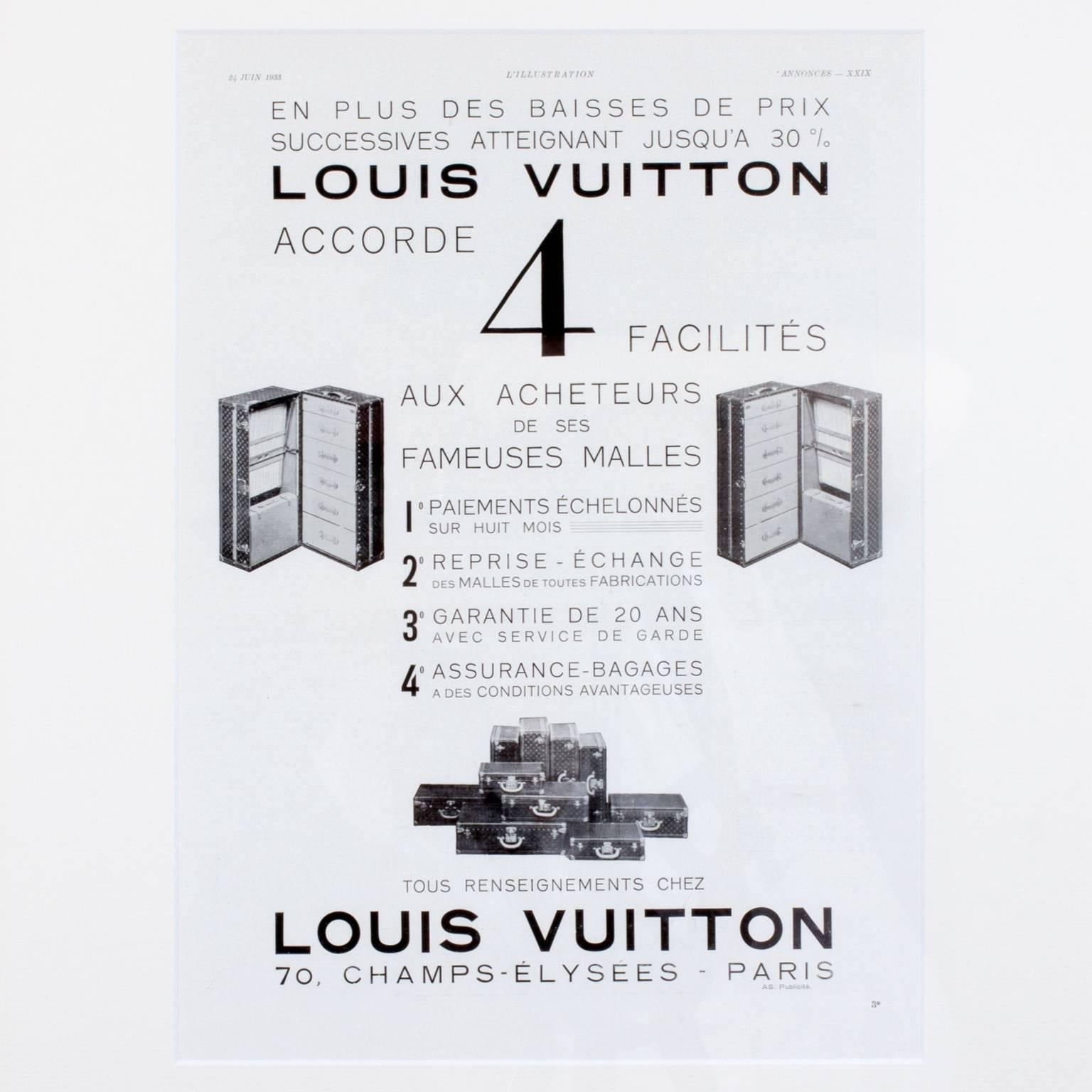 Discovered during our time perusing the Parisian Puces markets, this is an original vintage French advertisement from the 1930's. Framed in a subtle Italian gilt frame.  The Louis Vuitton brand is the epitome of French luxury.

New framing.