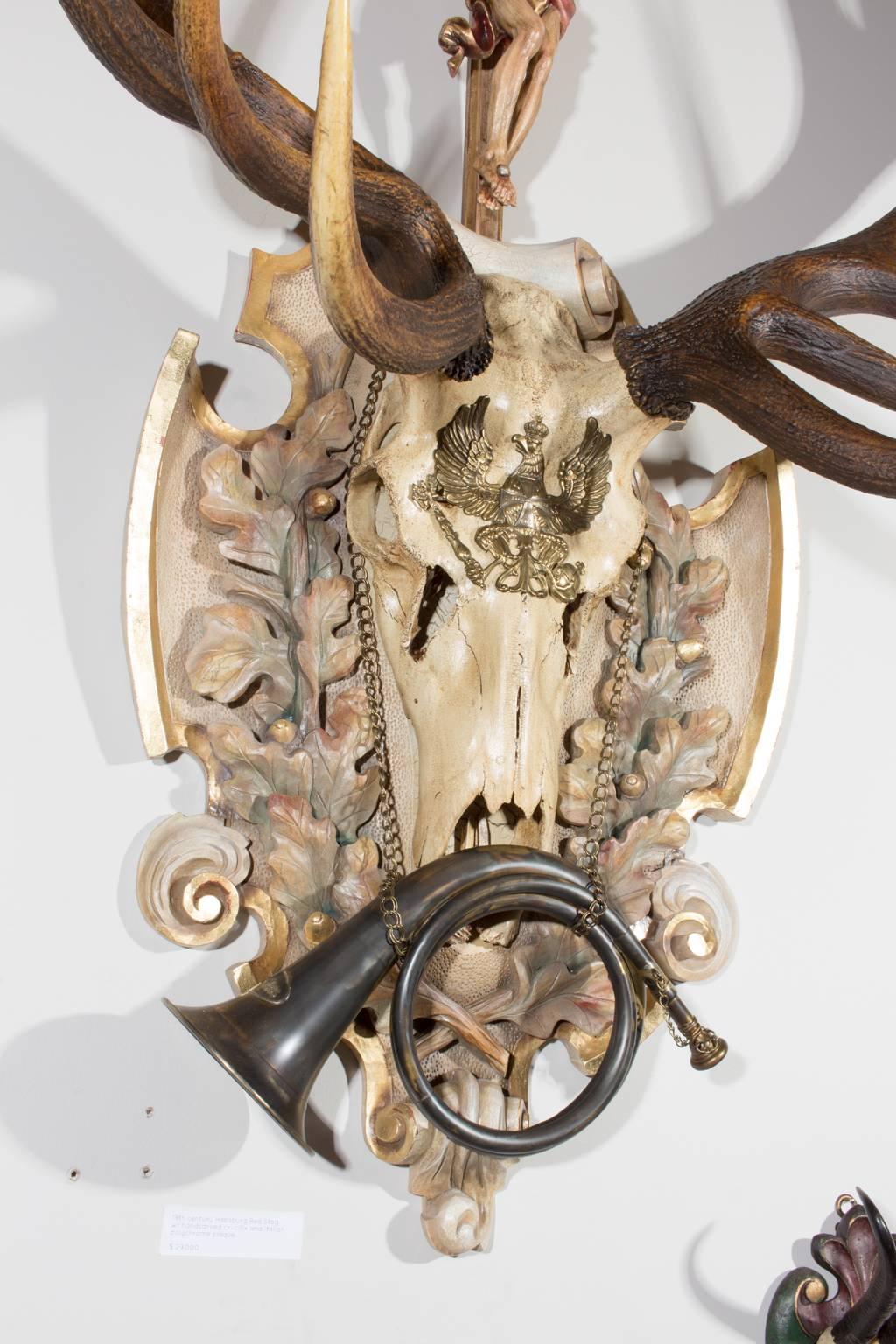 Austrian St. Hubertus Red Stag Hunt Trophy with Original Hunt Horn and Crucifix