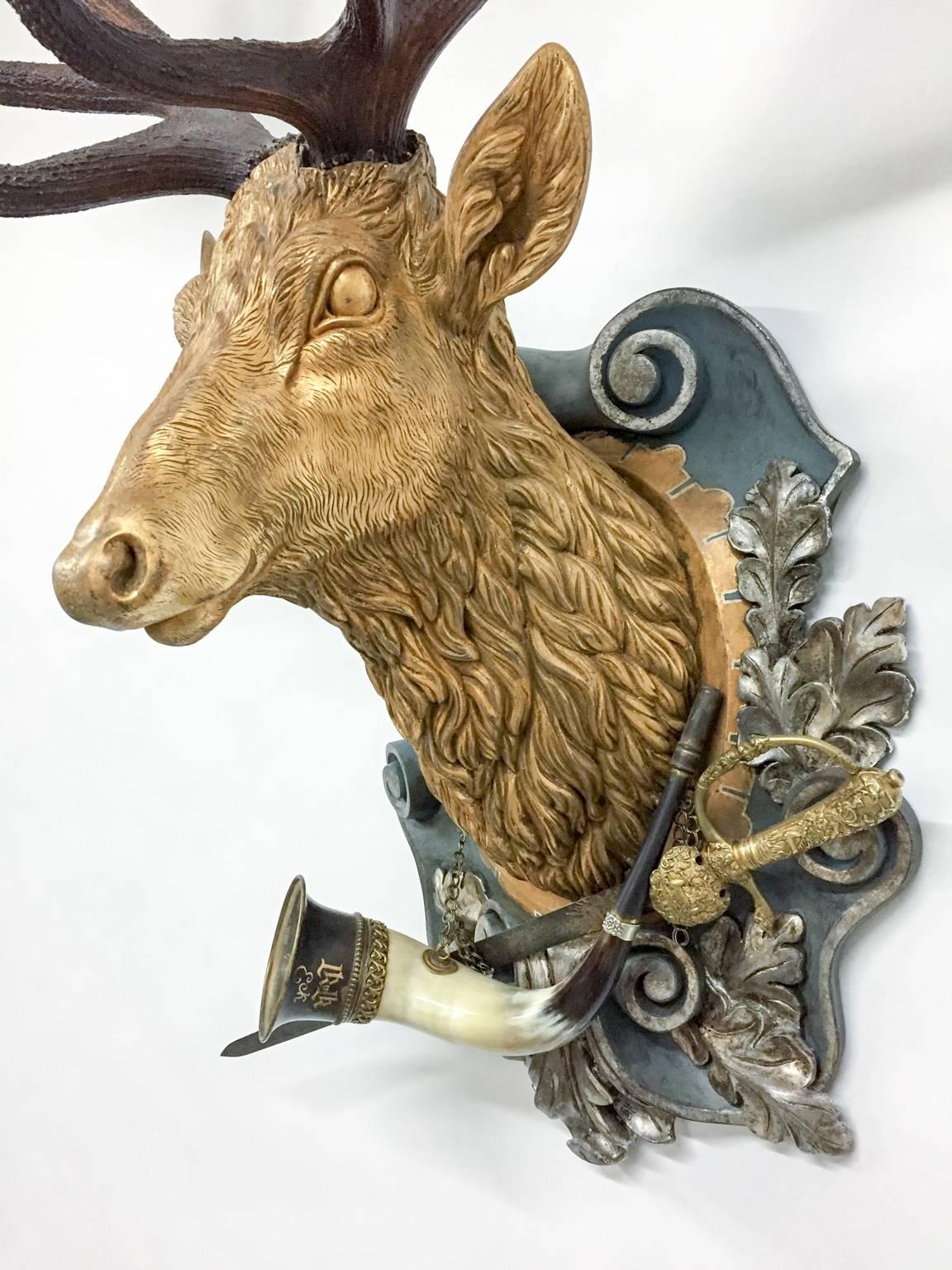 Carved 19th Century Habsburg Red Stag Trophy with Hunt Horn & Hunt Sword