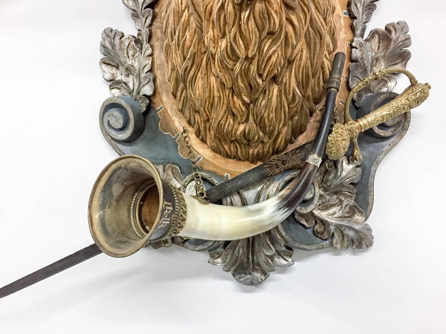 19th Century Habsburg Red Stag Trophy with Hunt Horn & Hunt Sword In Excellent Condition In Houston, TX