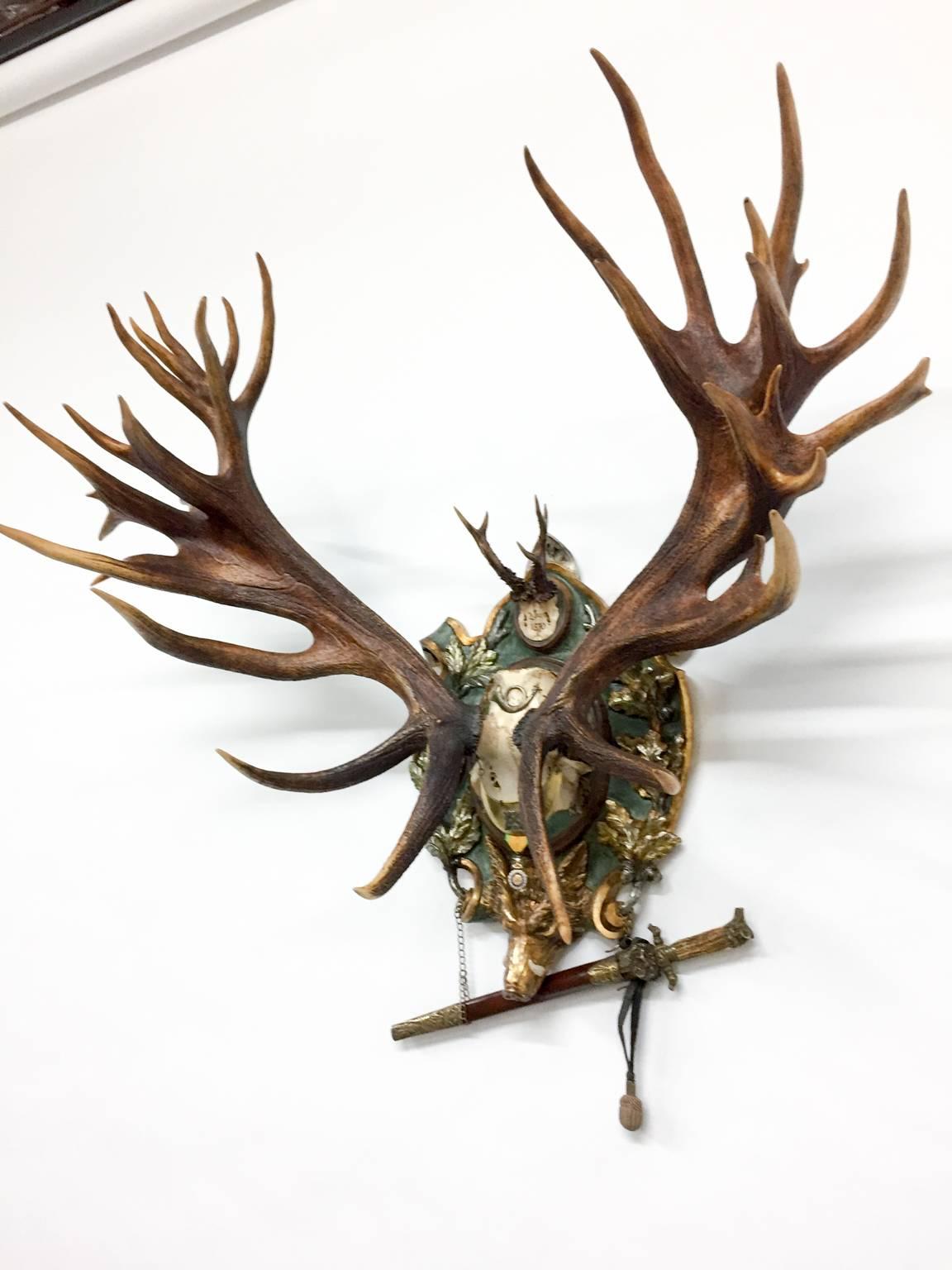 19th century Habsburg Red Stag and Roe Deer hunt trophy on polychromed and gilt hand-carved period replacement plaque that once hung in Emperor Franz Joseph's castle at Eckartsau in the Southern Austrian Alps. This mount sports an original 1870
