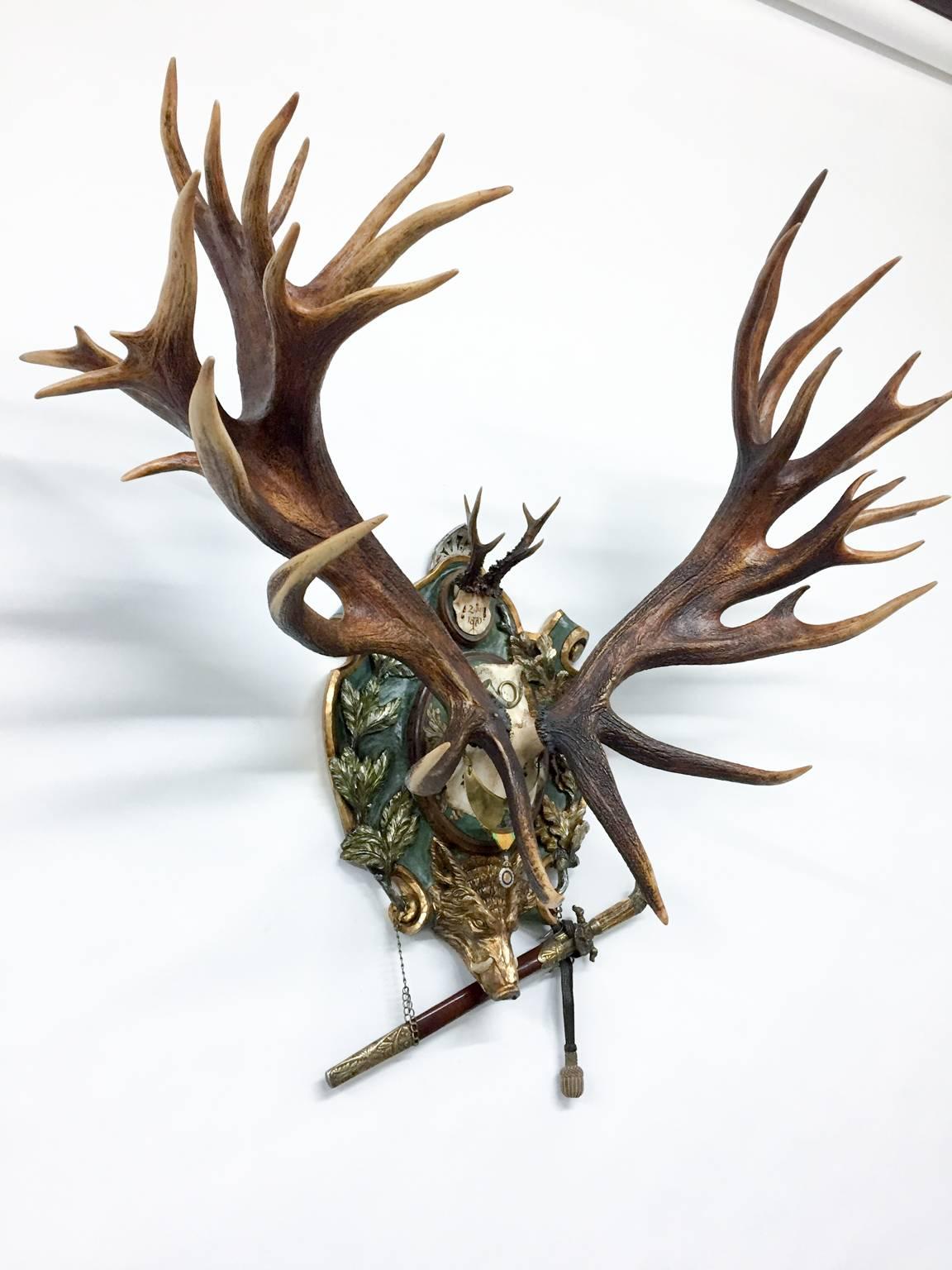 Black Forest 19th Century Red Stag Trophy on French Gilt Plaque with Roe Trophy & Hunt Sword