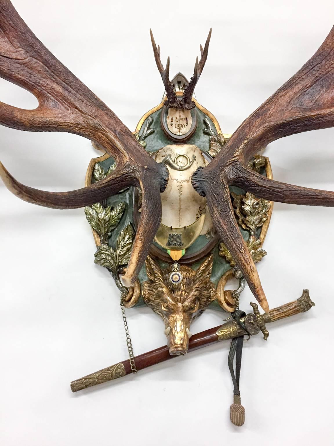 Austrian 19th Century Red Stag Trophy on French Gilt Plaque with Roe Trophy & Hunt Sword
