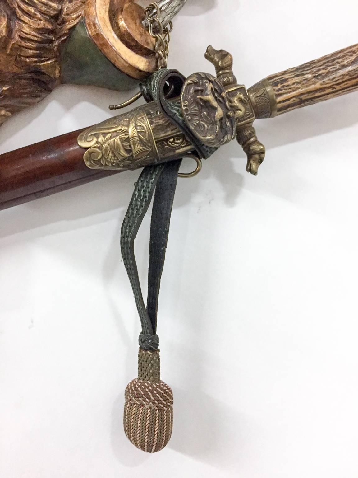 19th Century Red Stag Trophy on French Gilt Plaque with Roe Trophy & Hunt Sword 2