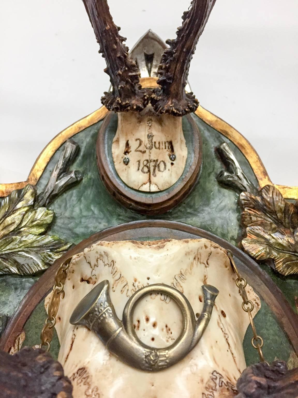 Hand-Carved 19th Century Red Stag Trophy on French Gilt Plaque with Roe Trophy & Hunt Sword