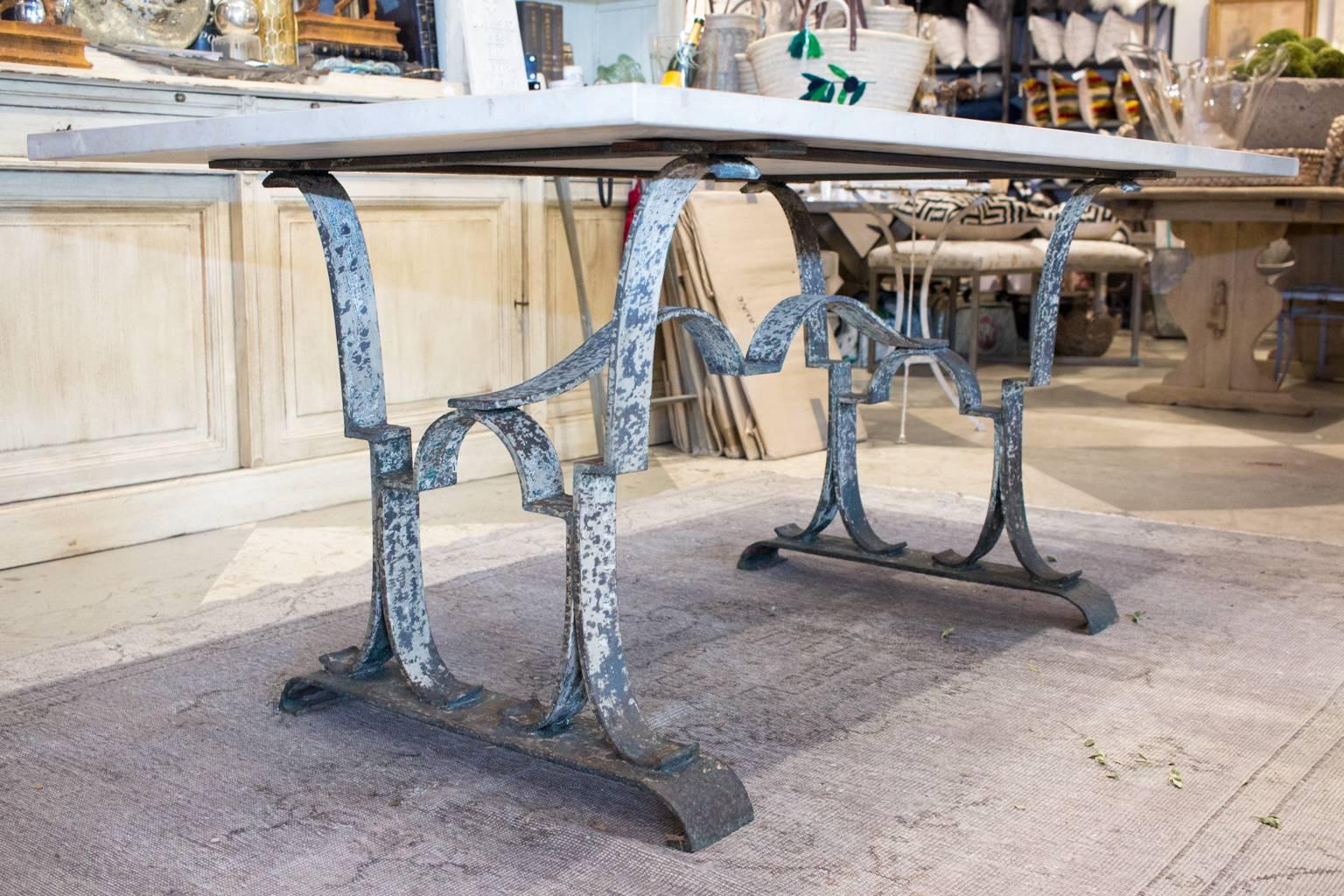 Antique French Iron Table or Desk from Épernay with Travertine Marble Top 2