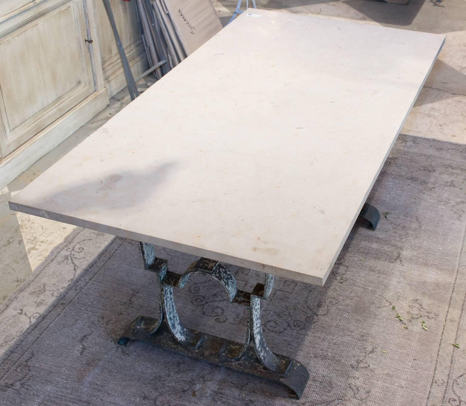 20th Century Antique French Iron Table or Desk from Épernay with Travertine Marble Top