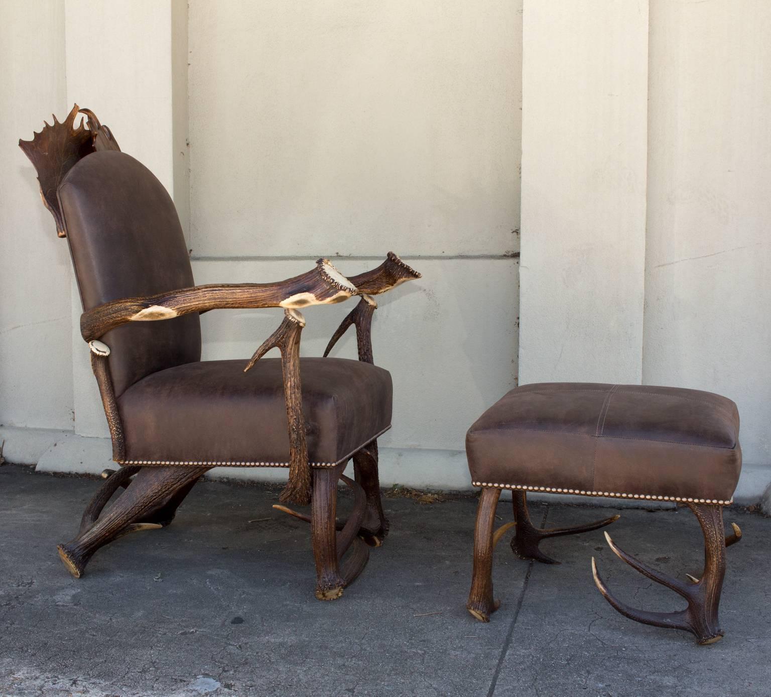 Black Forest Antique Habsburg Red Stag Antler Leather Chair and Ottoman 