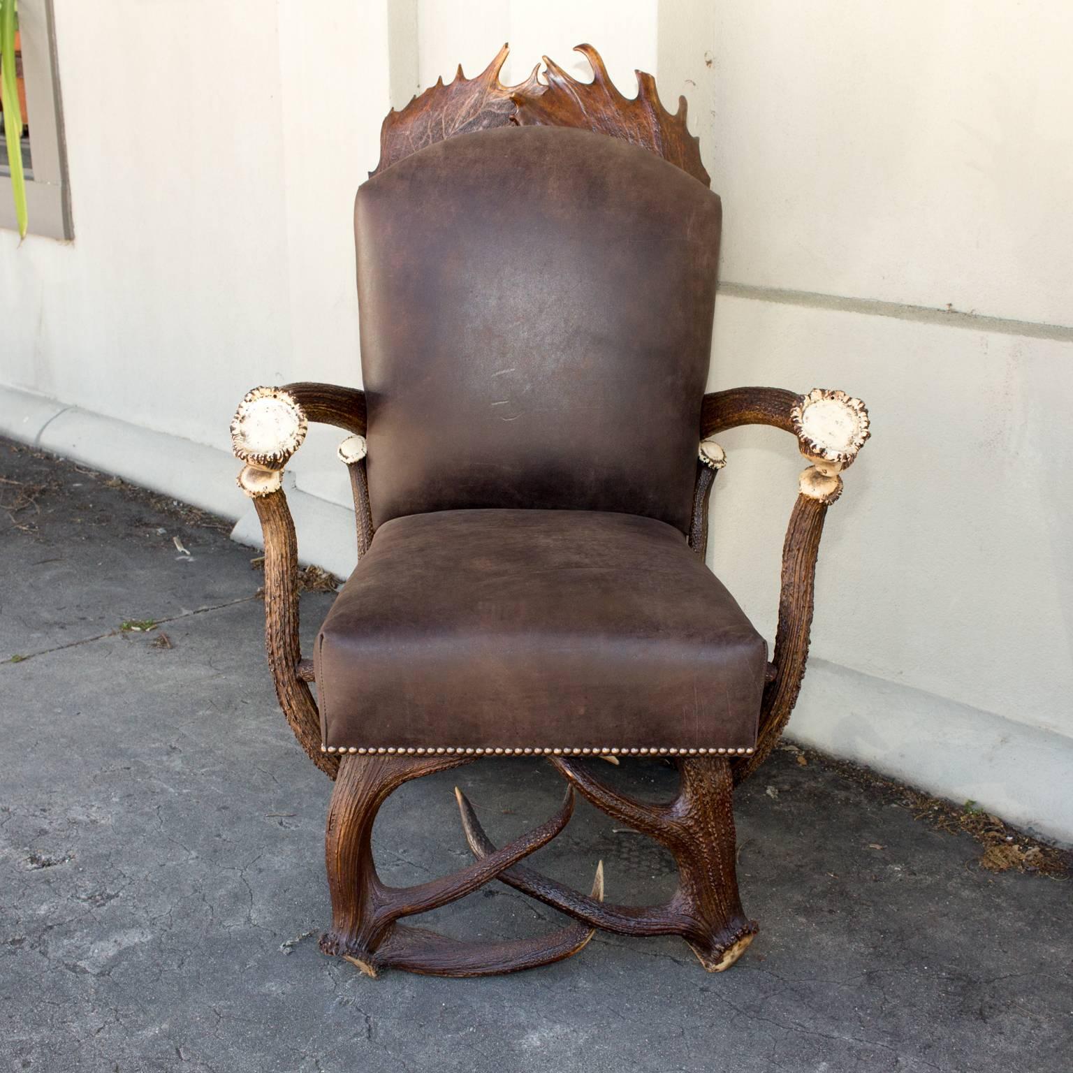 Austrian Antique Habsburg Red Stag Antler Leather Chair and Ottoman 
