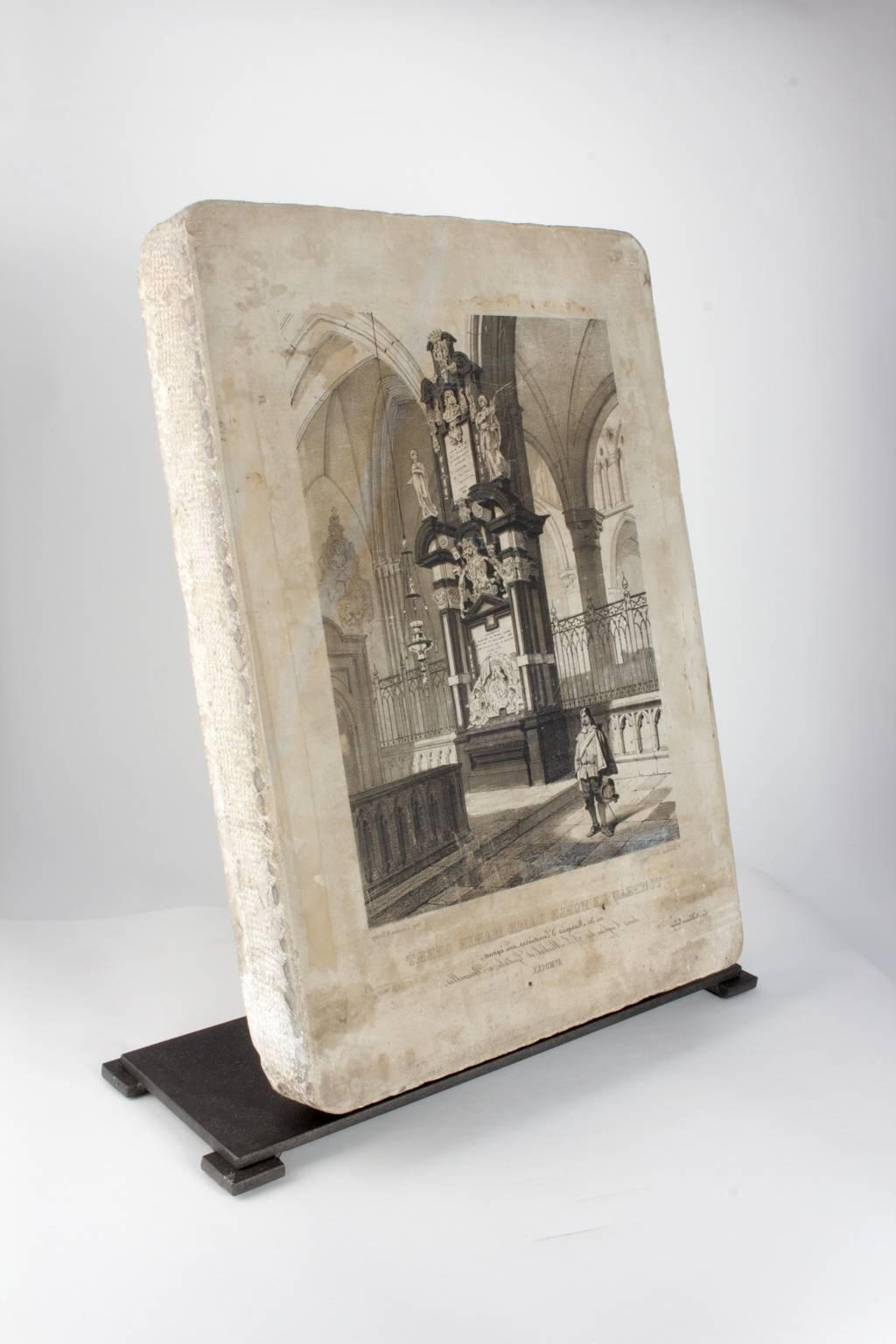 Original 19th Century French Etching Stone of the Tomb of Dame Marie Obert In Good Condition In Houston, TX