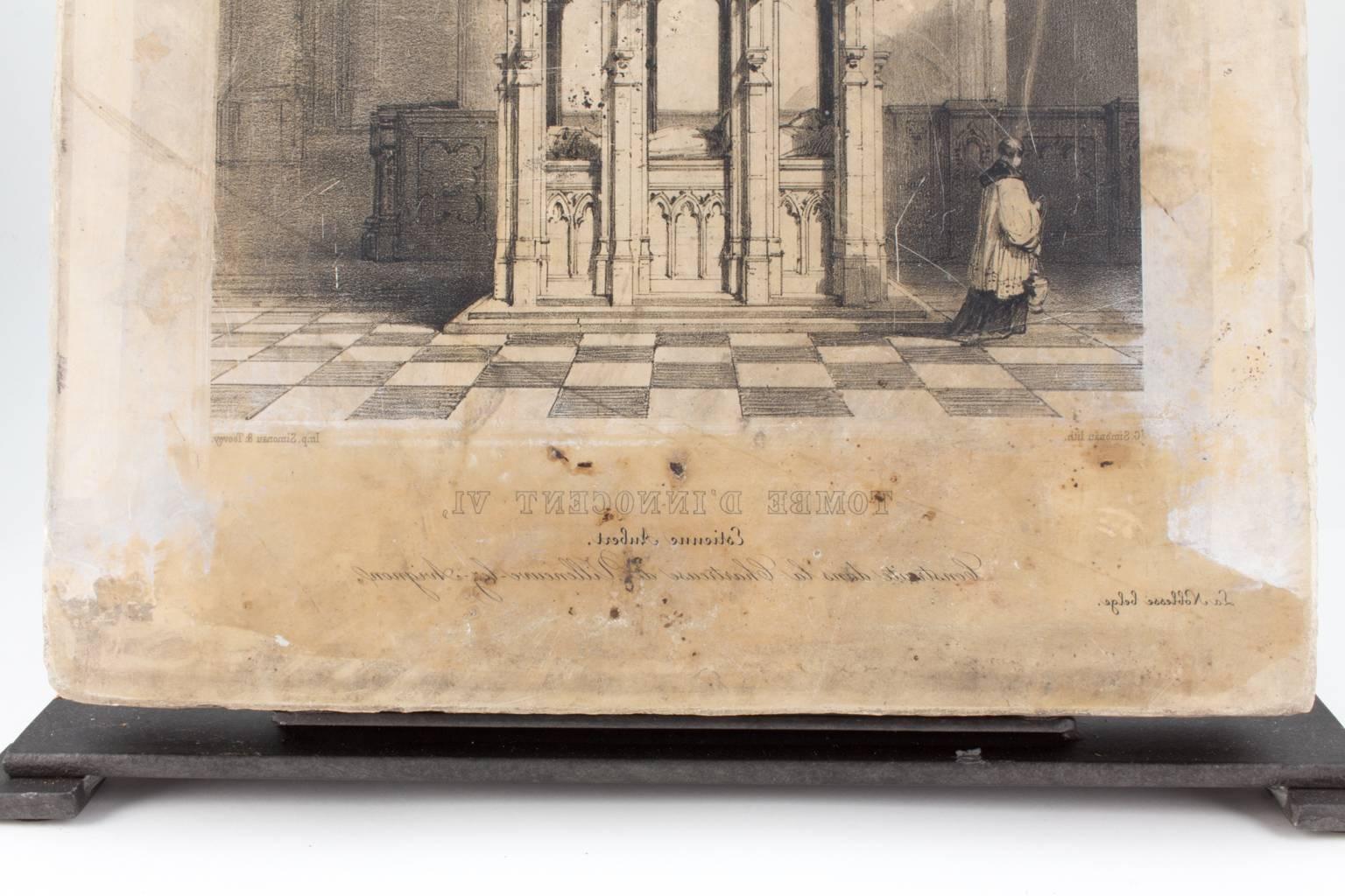 Original 19th Century French Lithographic Stone of the Tomb of Pope Innocent VI 1
