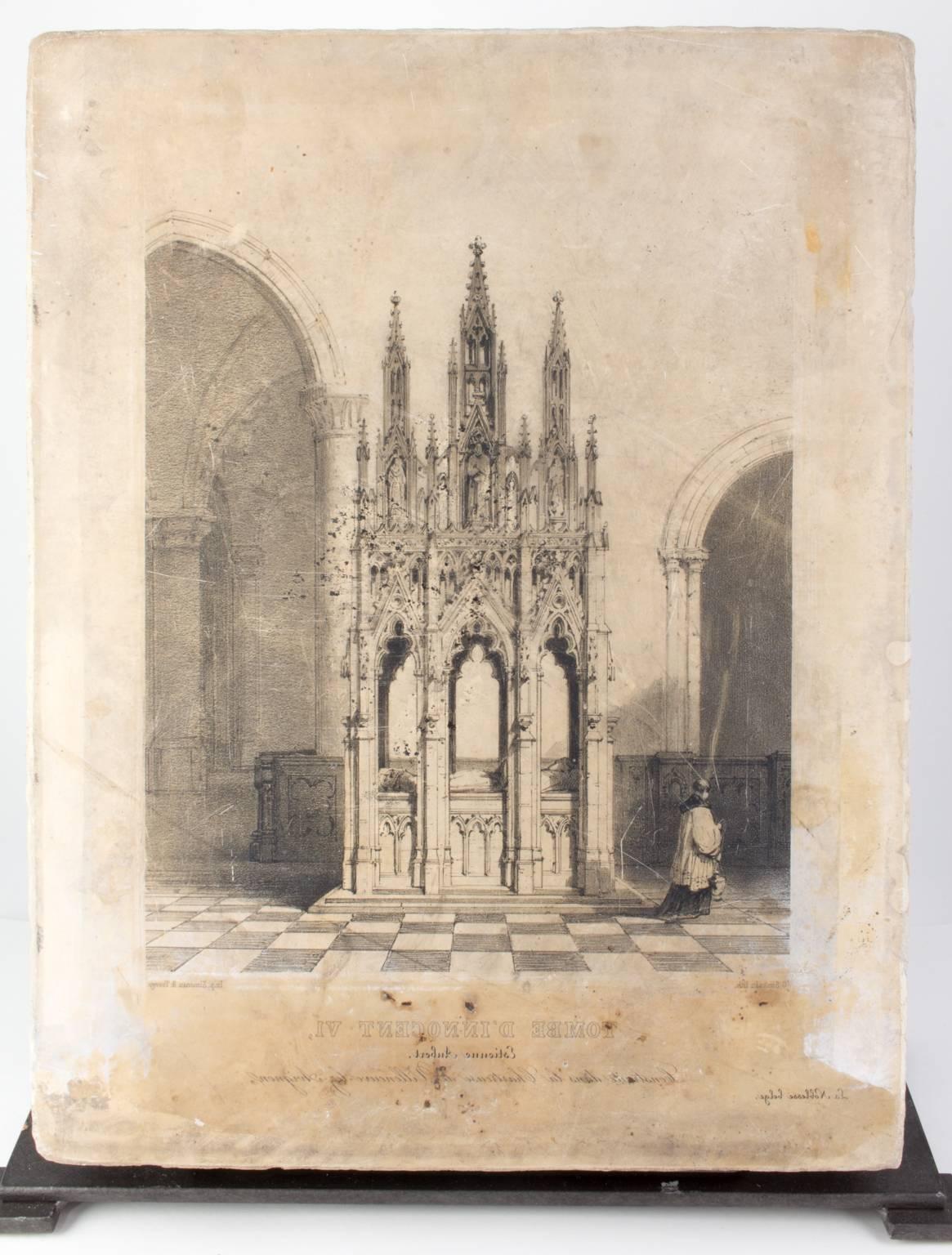 Original 19th Century French Lithographic Stone of the Tomb of Pope Innocent VI In Good Condition In Houston, TX