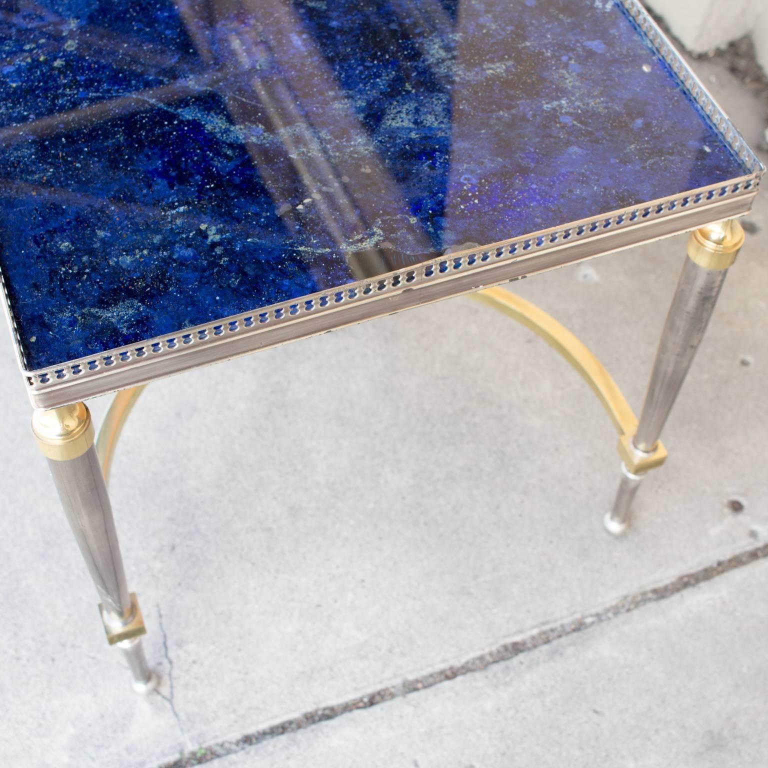 Late 20th Century Vintage Faux Blue Lapis Lazuli Painted Glass Top and Chrome Cocktail Table