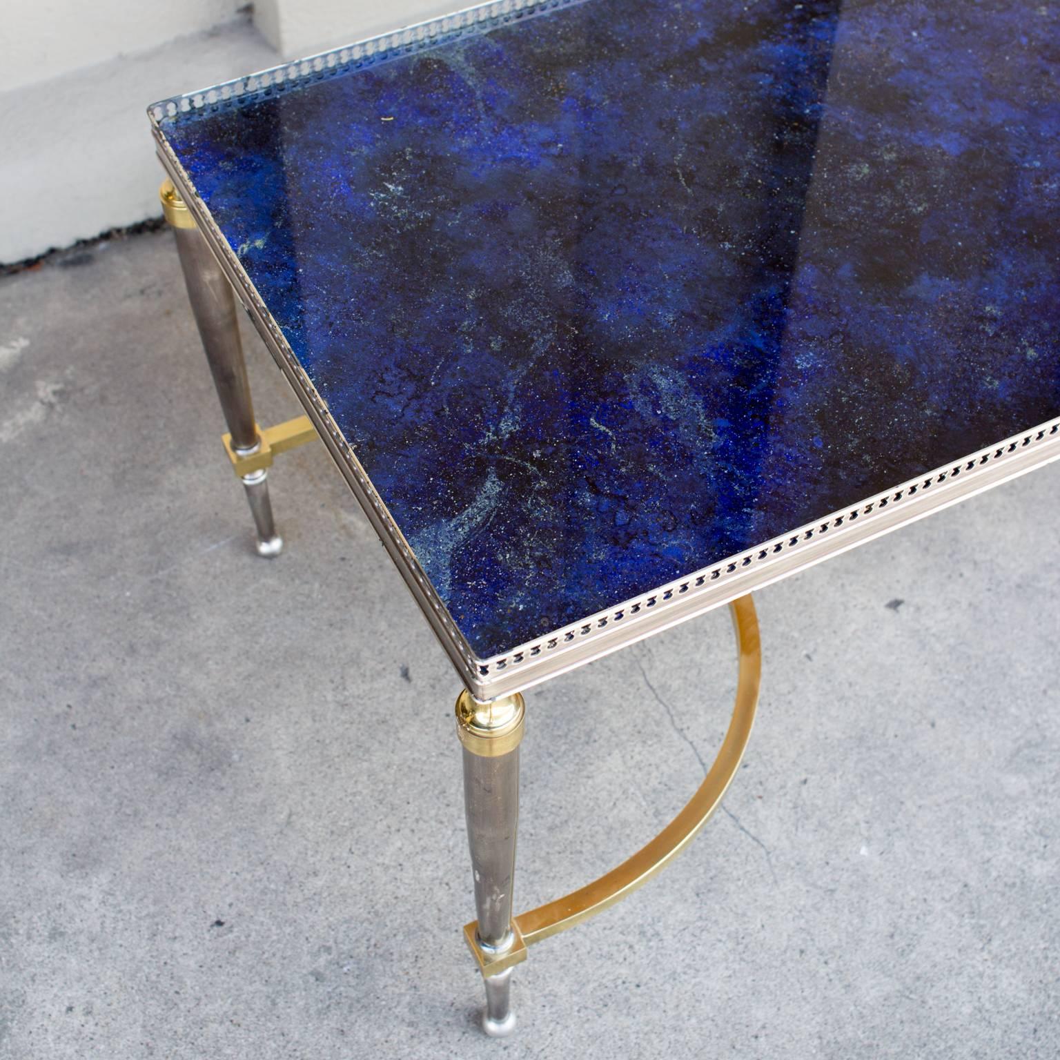 Vintage Faux Blue Lapis Lazuli Painted Glass Top and Chrome Cocktail Table 1