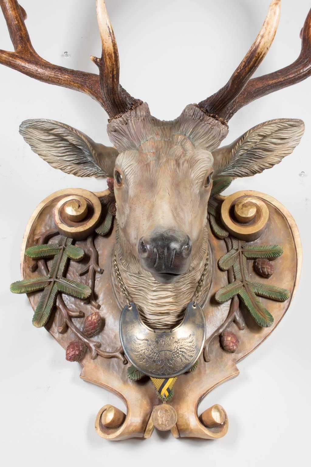 Hand-Carved Fallow Deer with Antique Habsburg Antlers from Eckartsau Castle In Excellent Condition In Houston, TX