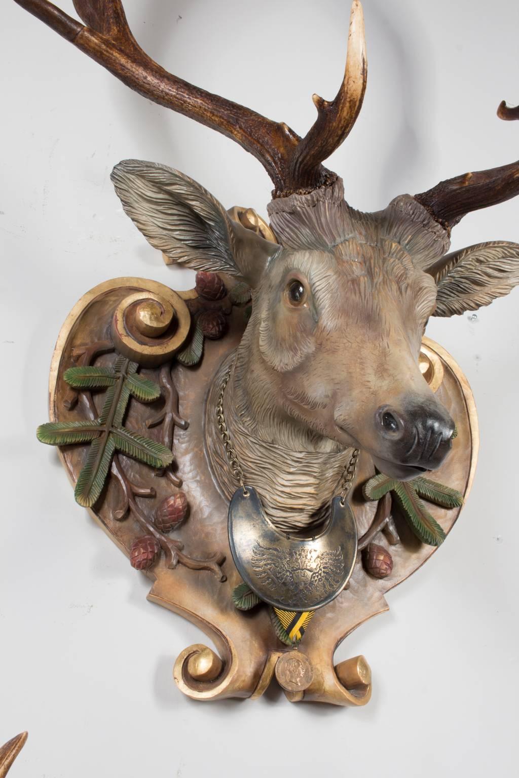 19th Century Hand-Carved Fallow Deer with Antique Habsburg Antlers from Eckartsau Castle