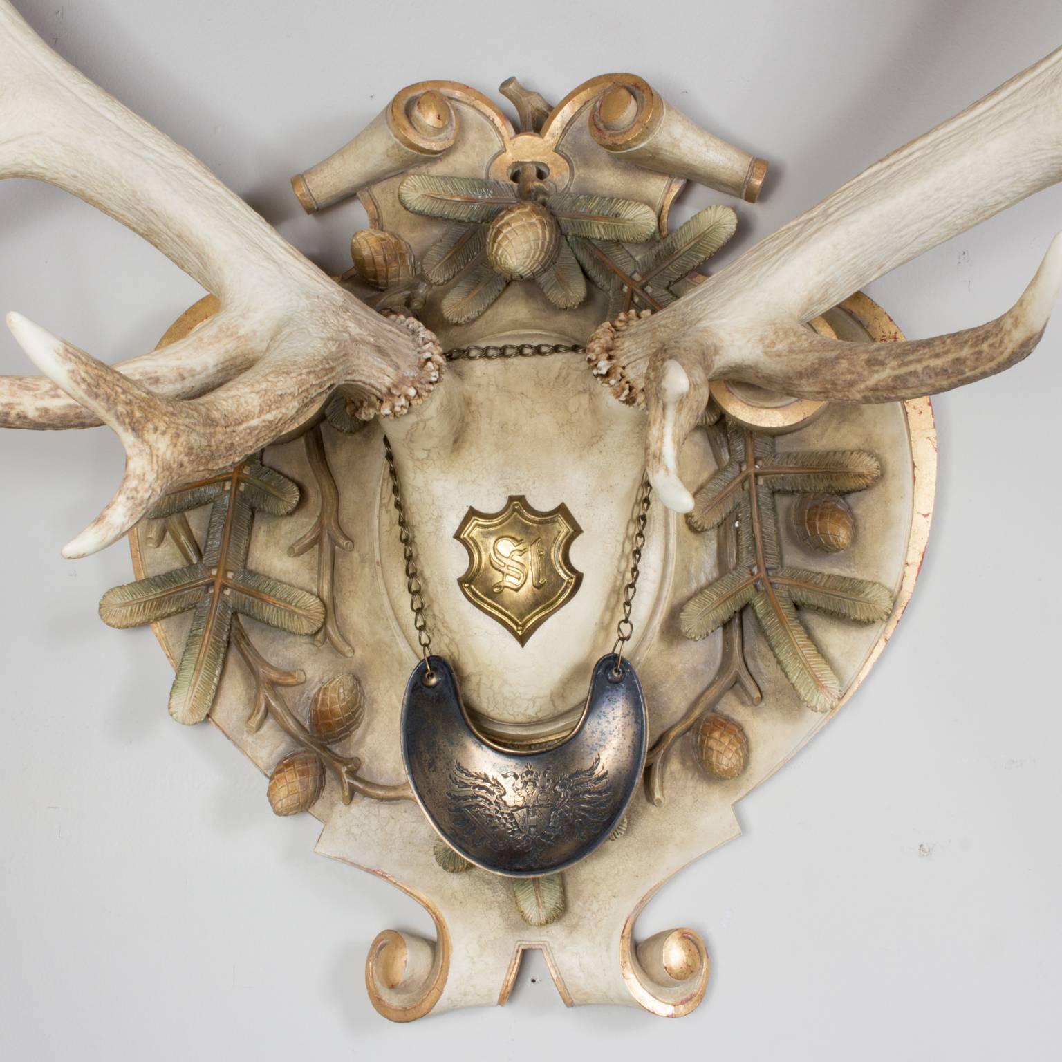 Carved 19th Century Habsburg Red Stag Trophy from Eckartsau Castle Austria with Gorget