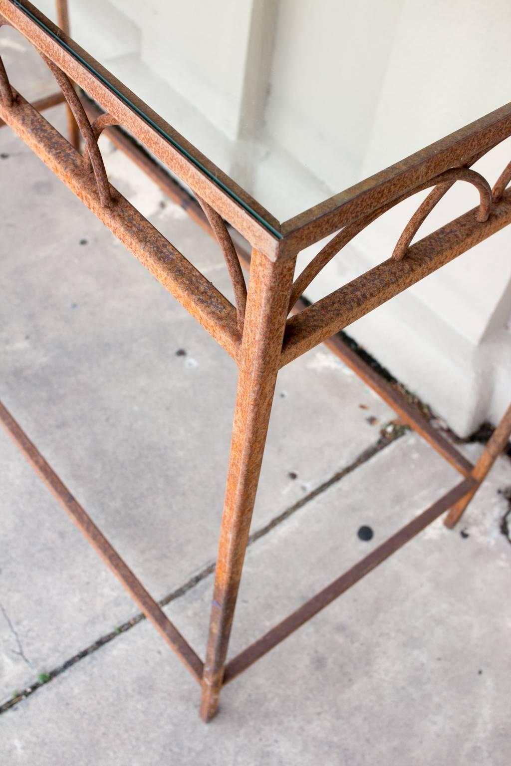 Antique French Iron & Glass Bar Height Console Table from a Parisian Flower Shop In Distressed Condition In Houston, TX
