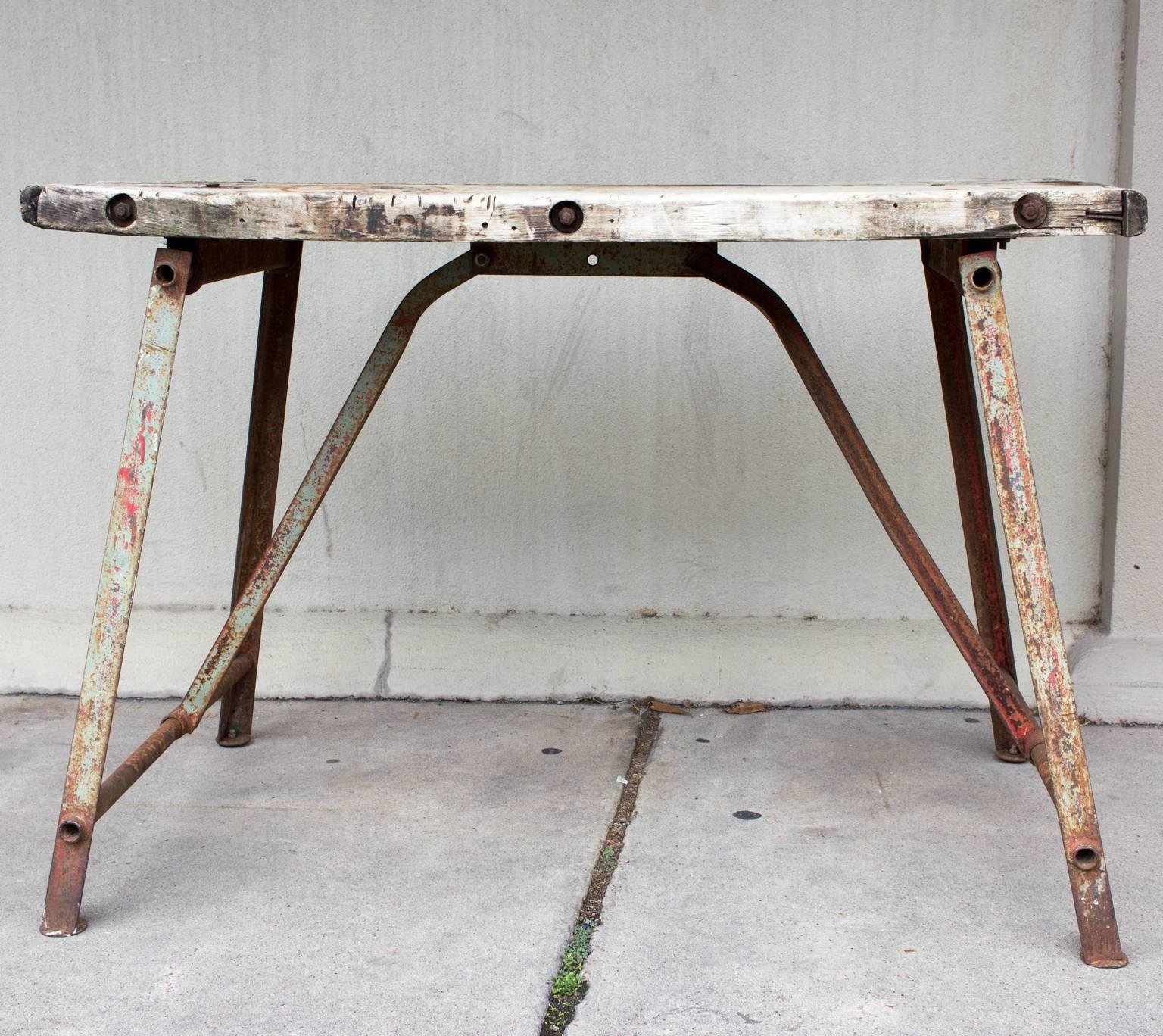 Industrial Rustic Antique Bleached Wood & Metal French Work Table 